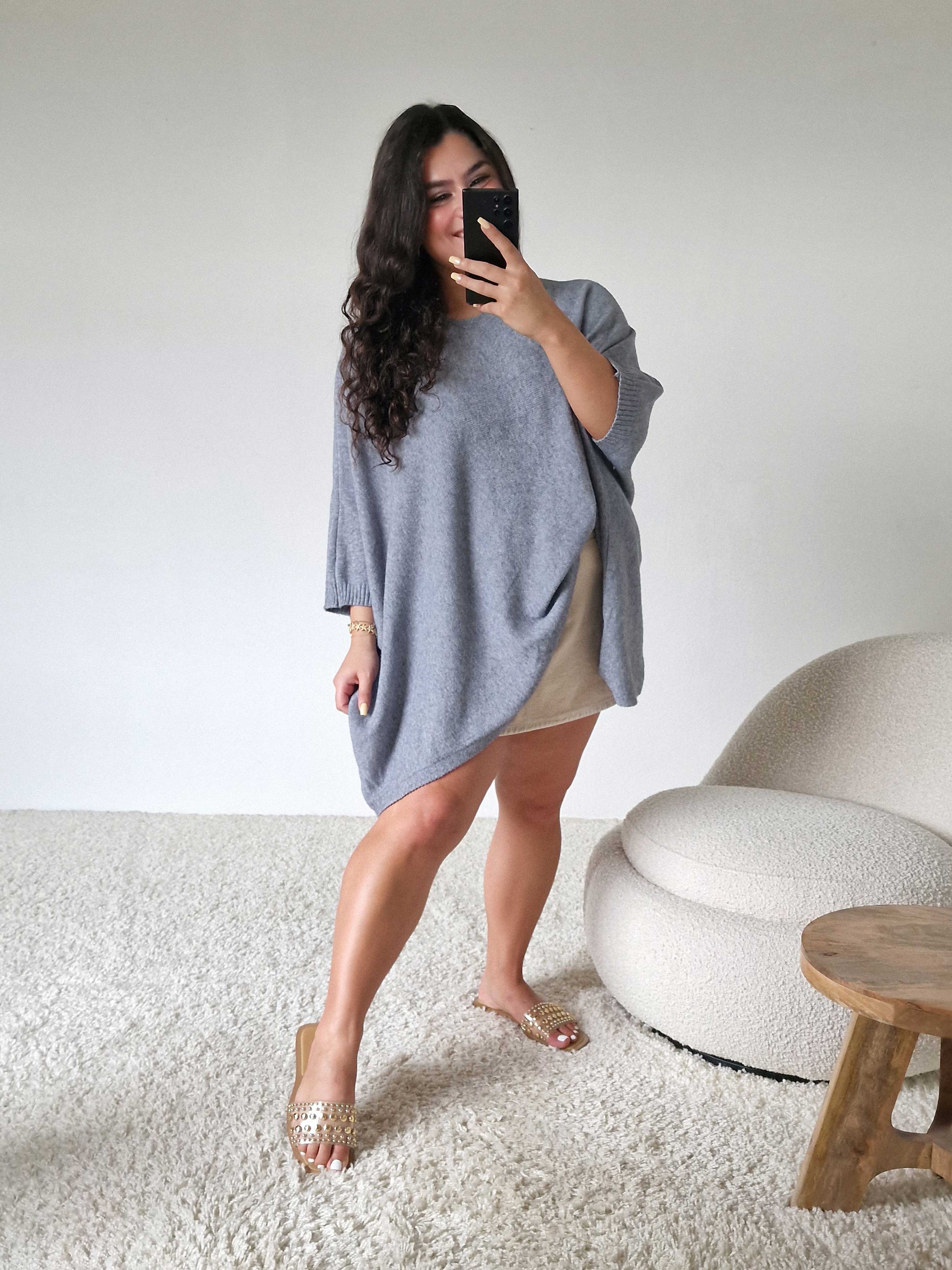 Oversize Viskose Kurzarm Poncho - Grau