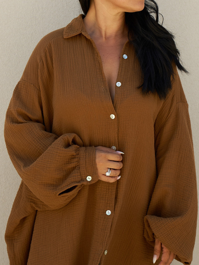 Musselin Midi Oversize Bluse - Mocca