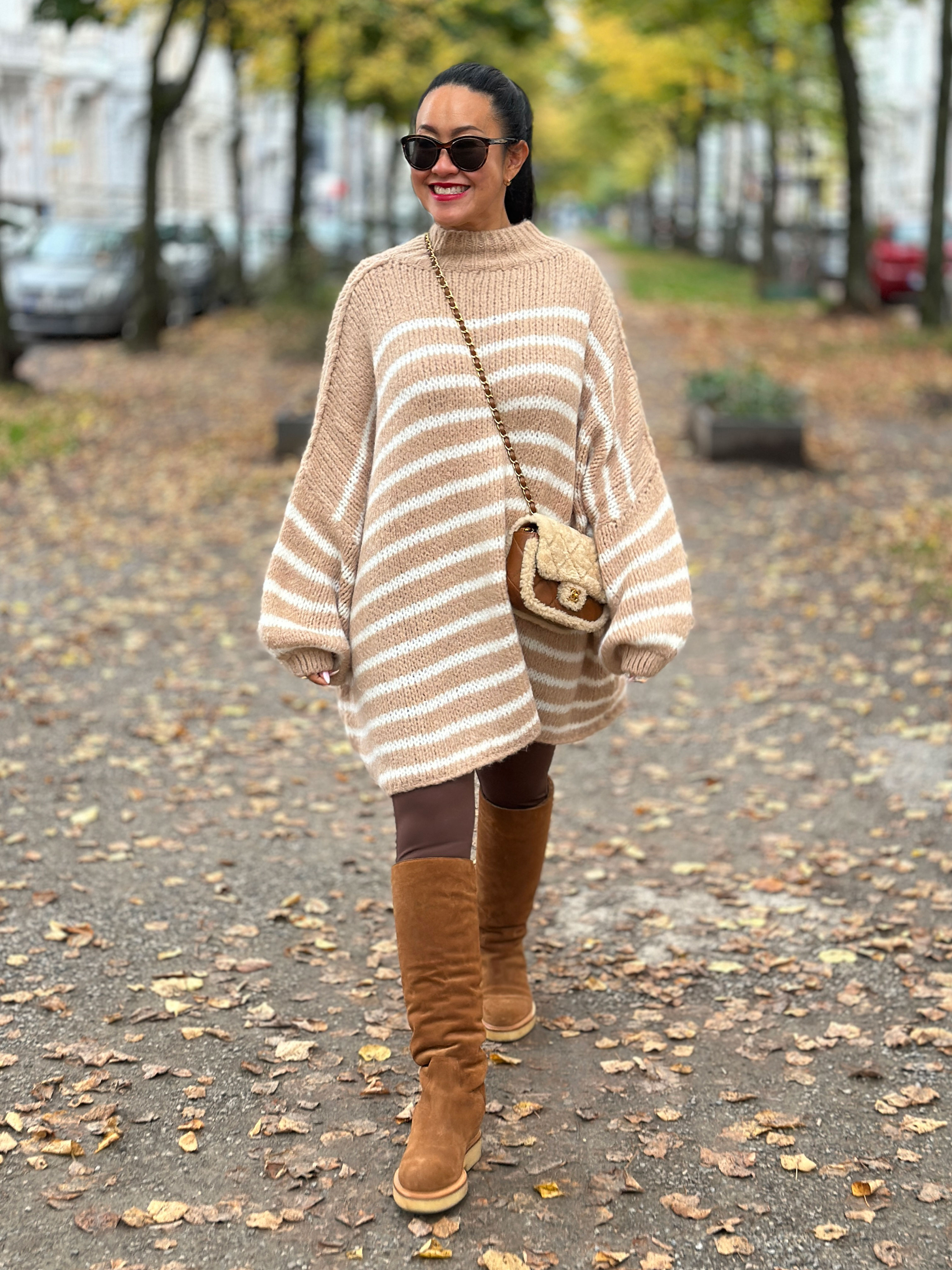 Oversize Strickpullover mit Stehkragen FLAUSCHI - TALL - STRIPES - Oatmeal