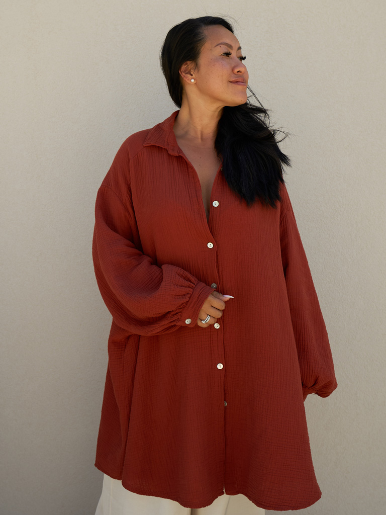 Musselin Long Oversize Bluse -  Must Have - Terracotta