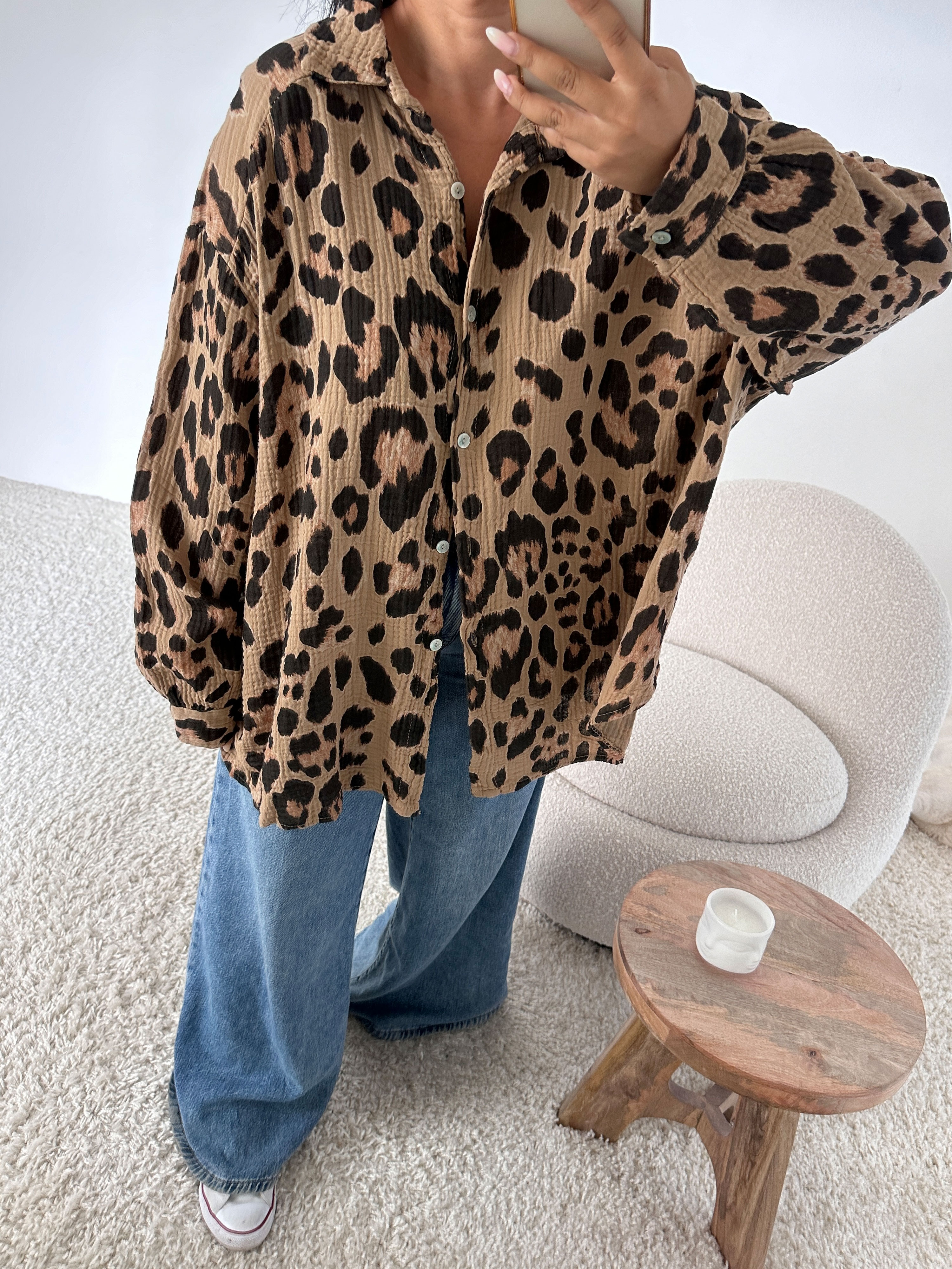 Musselin Midi Oversize Bluse - NALA - LEOPARD Camel