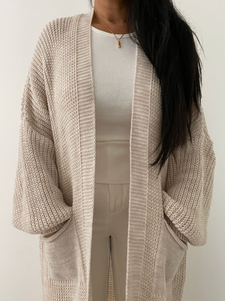 Cozy Long Cardigan mit Taschen  - Beige