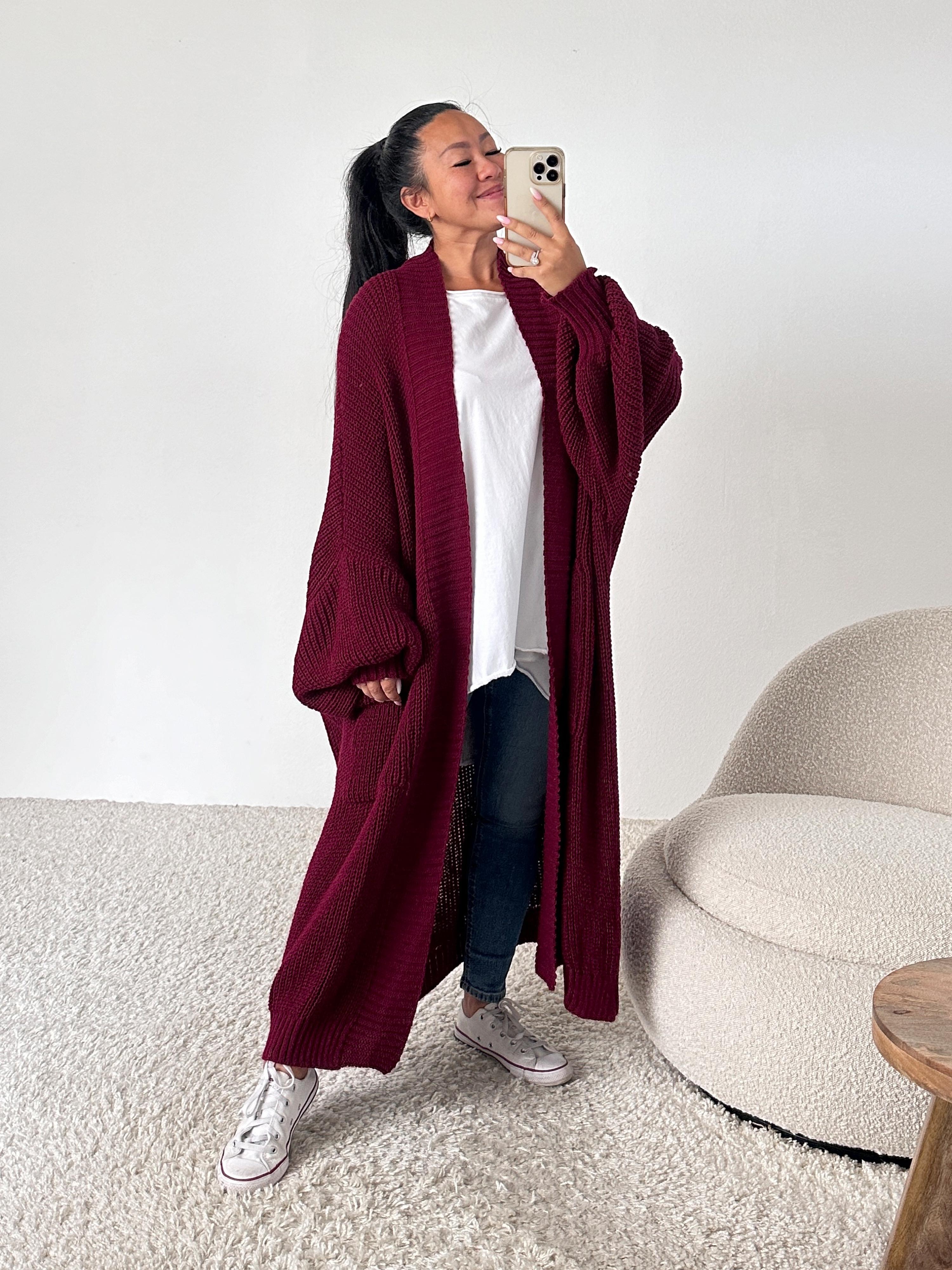 Basic Oversize Strickmantel - Merlot