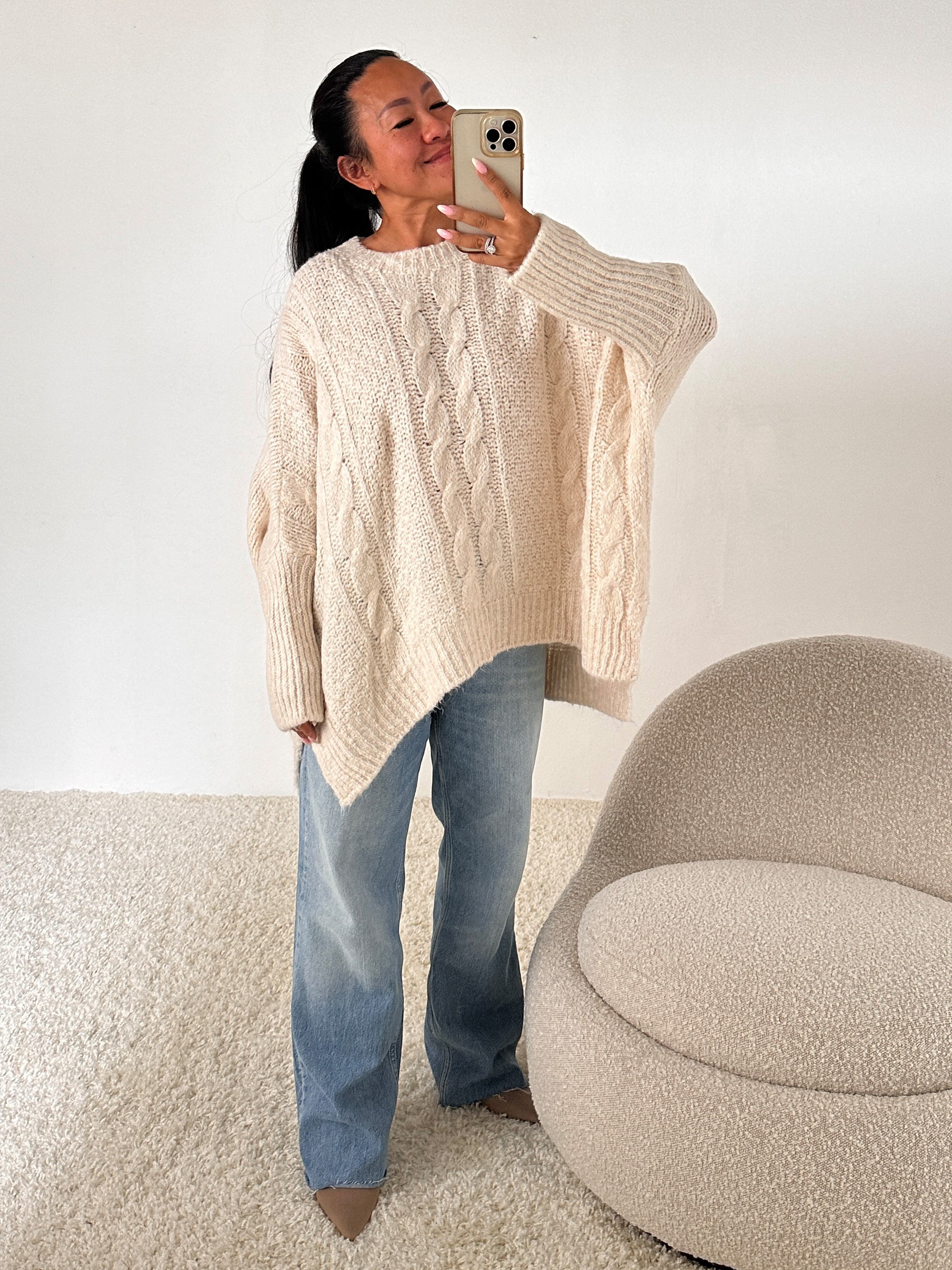 Oversize Strickpullover mit Zopfmuster - Creme