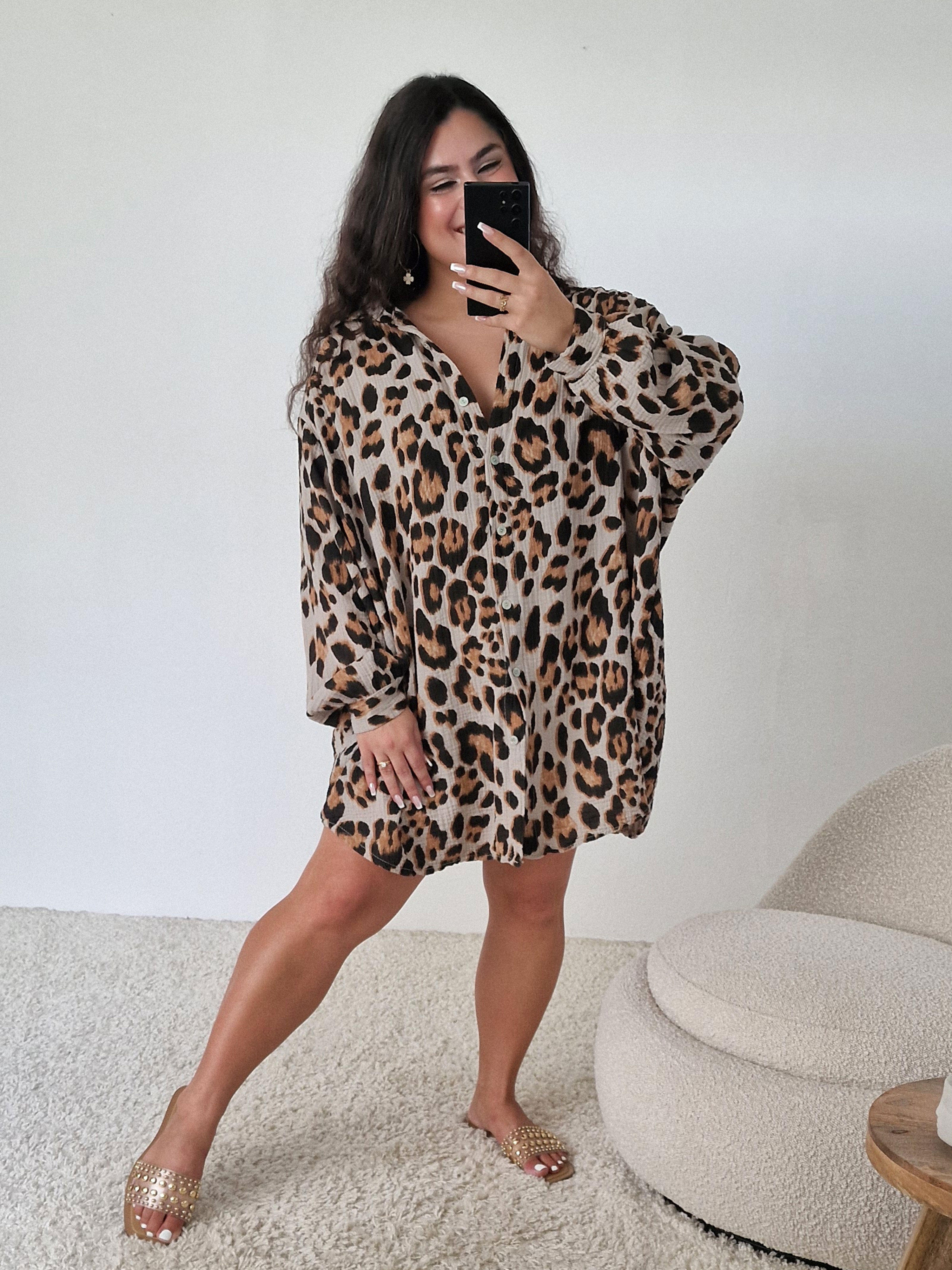 Musselin Long Oversize Bluse - NALA - LEOPARD Beige