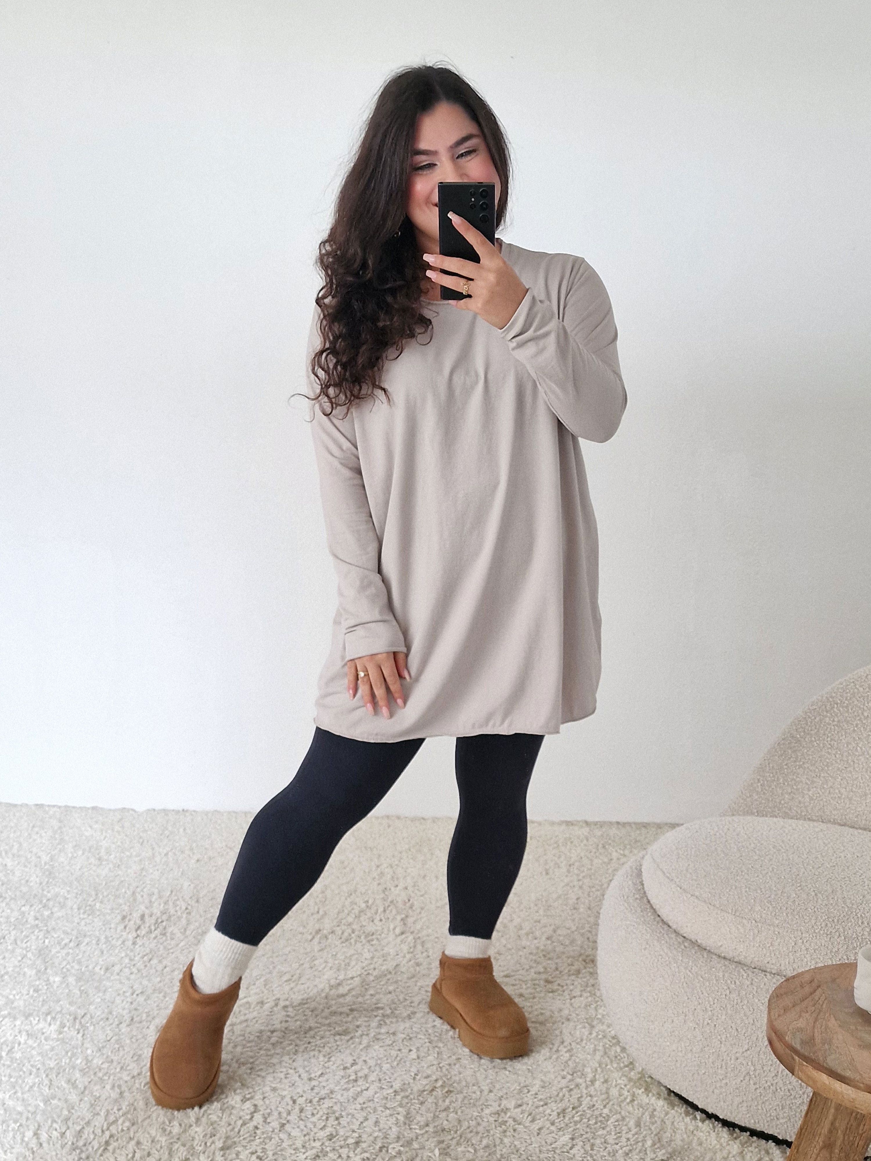 Basic Long Langarmshirt - Beige