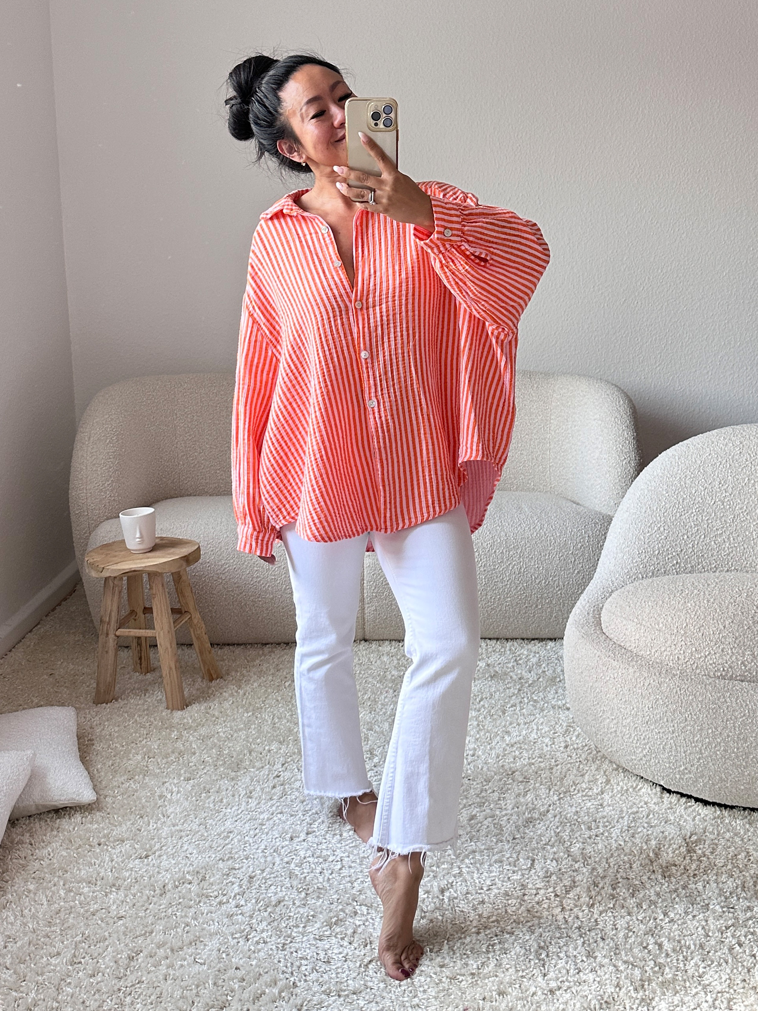 Musselin Midi Oversize Bluse - STRIPES - Orange/Rosa