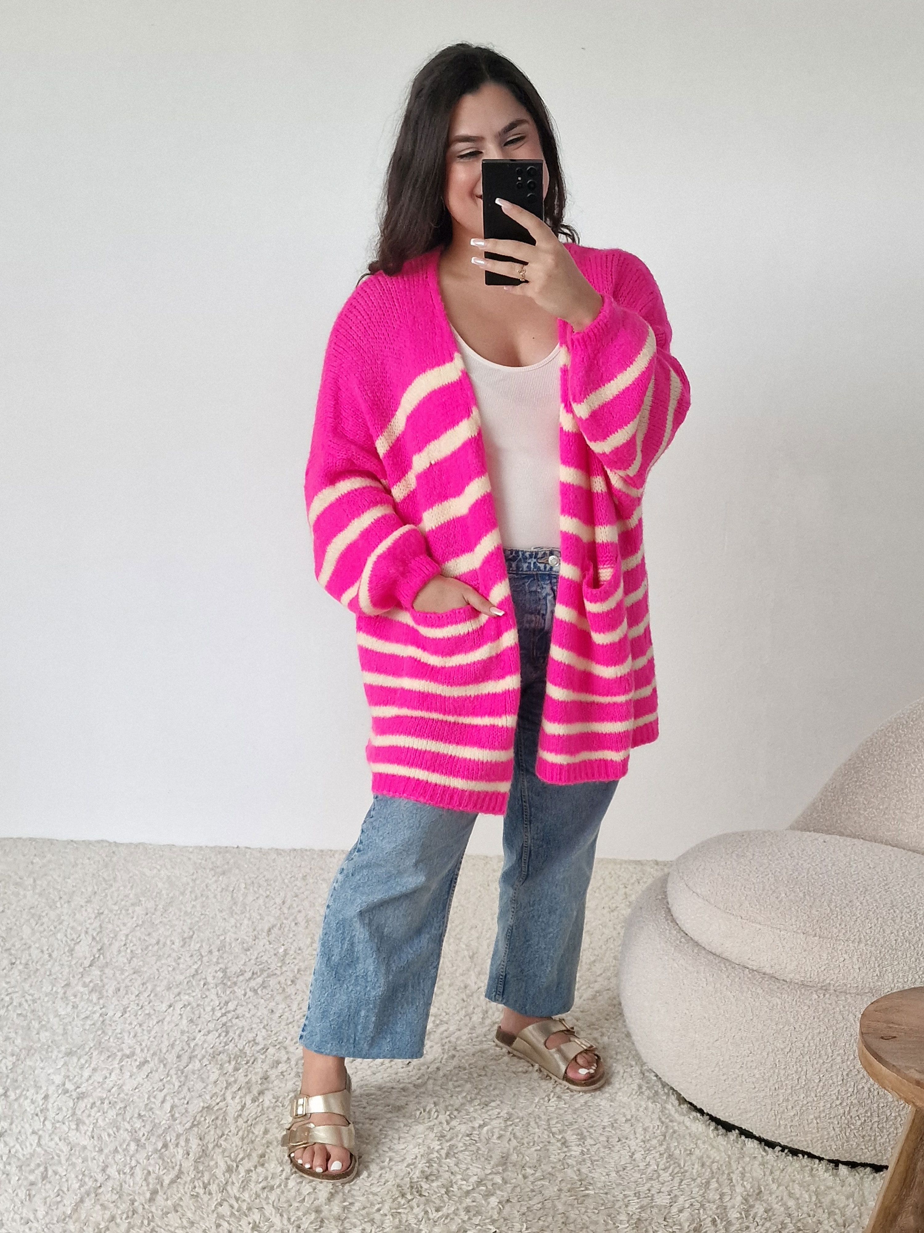 Oversize Cardigen mit Taschen FLAUSCHI - STRIPES - Neon Pink