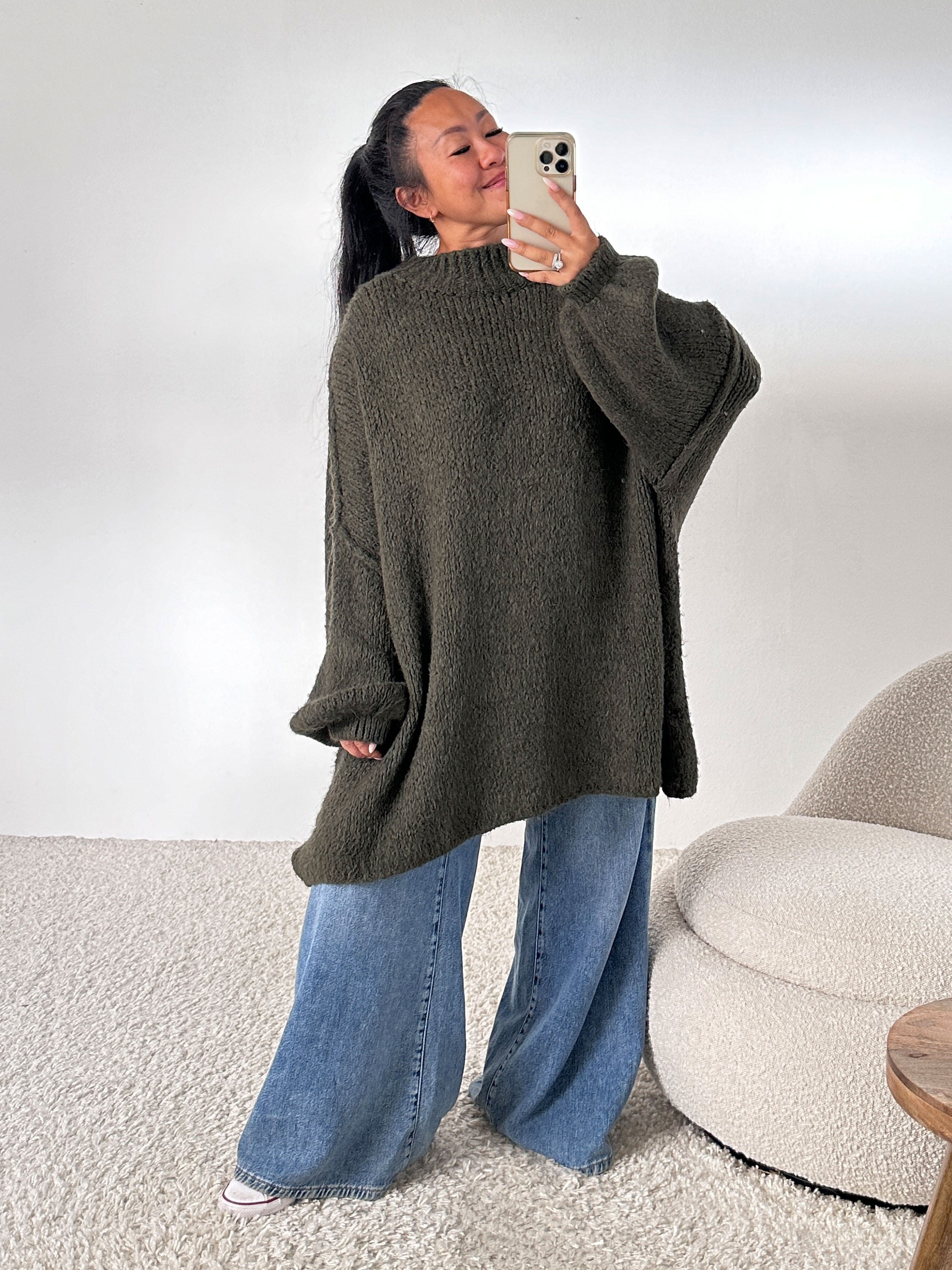 Oversize Strickpullover mit Stehkragen FLAUSCHI - TALL - Olive