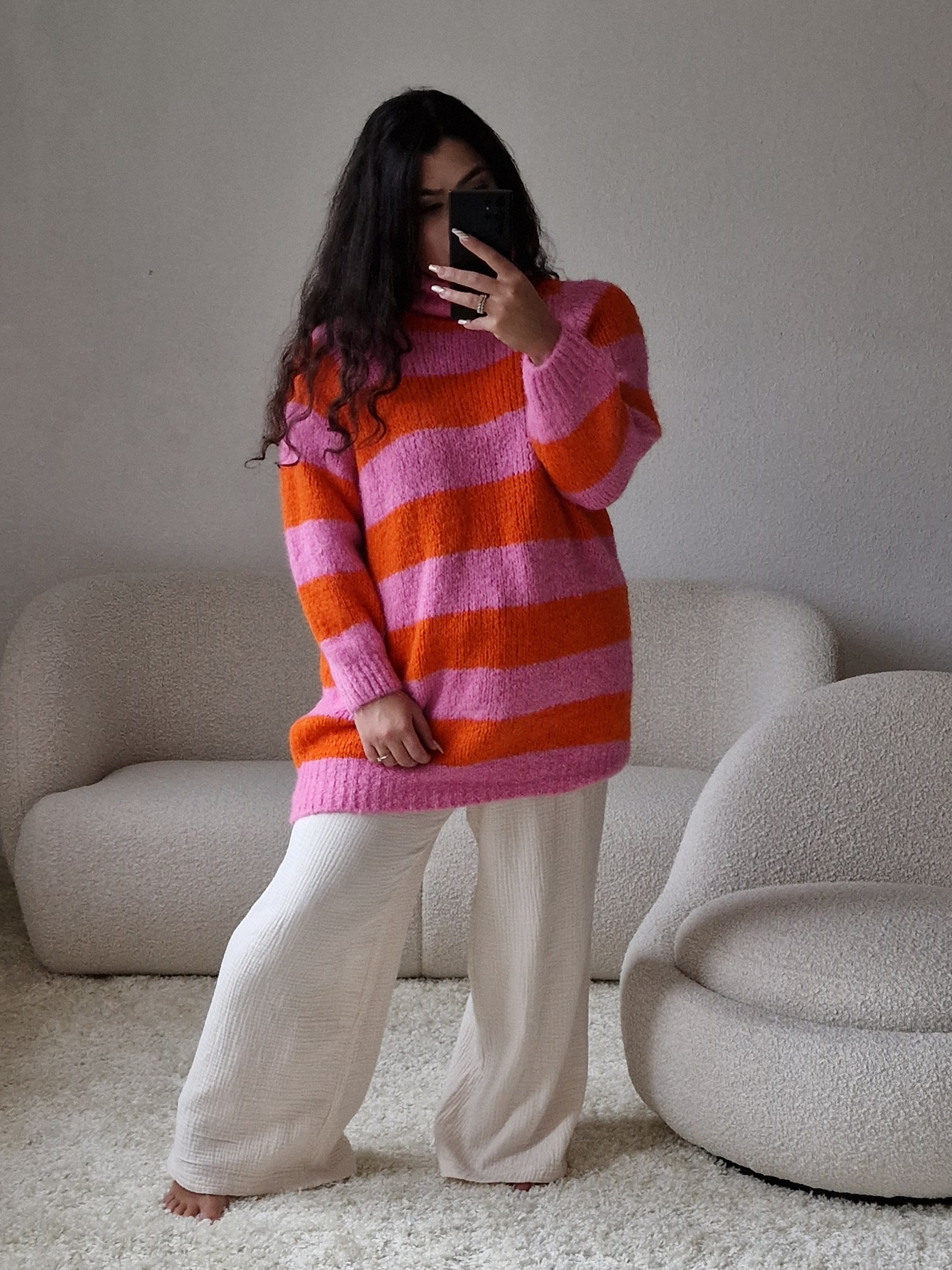 Gestreifter Long Strickpullover mit Rollkragen - FLAUSCHI - Lollipop