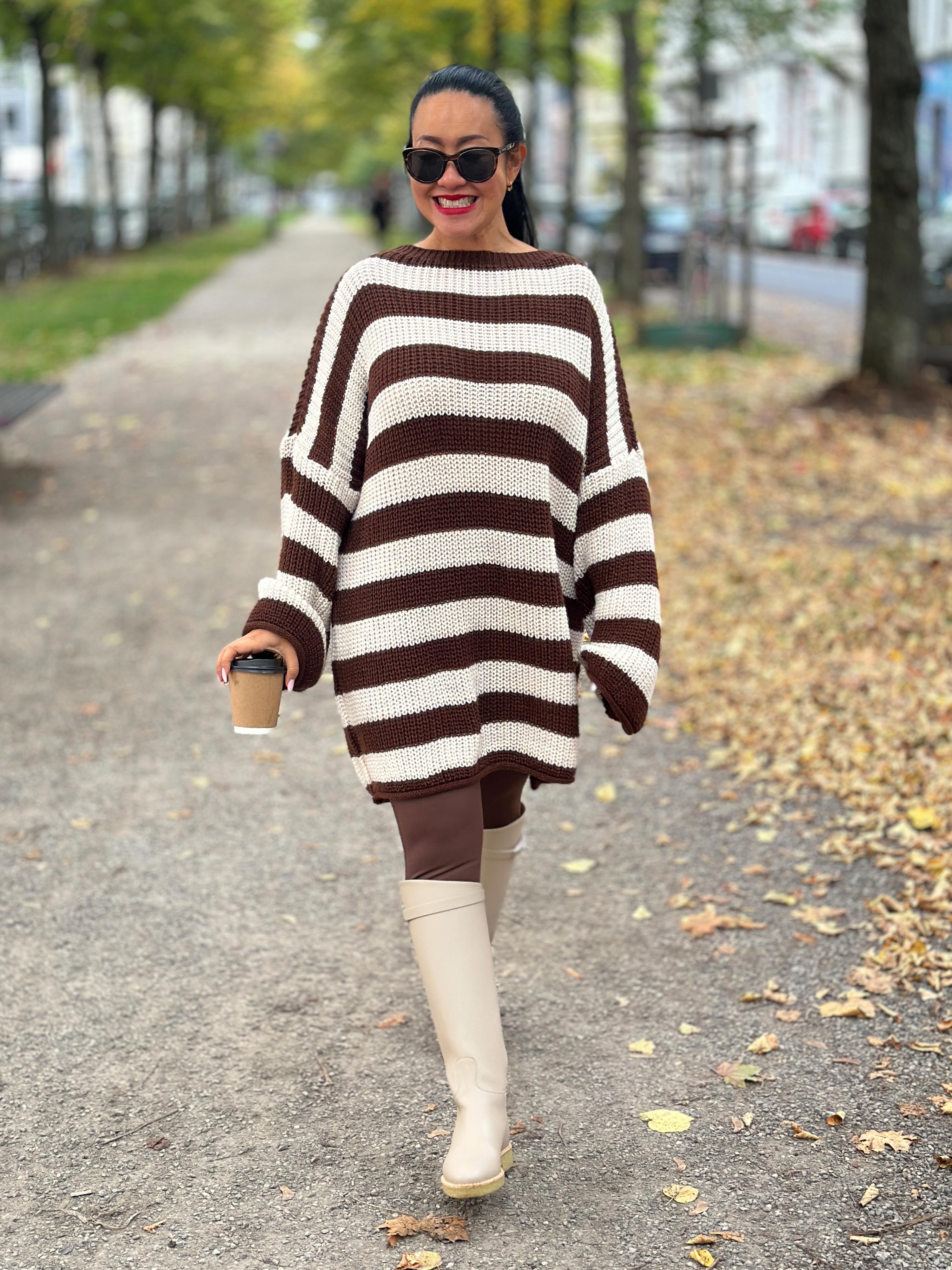 Schwerstrickpullover - STRIPES - Coffee