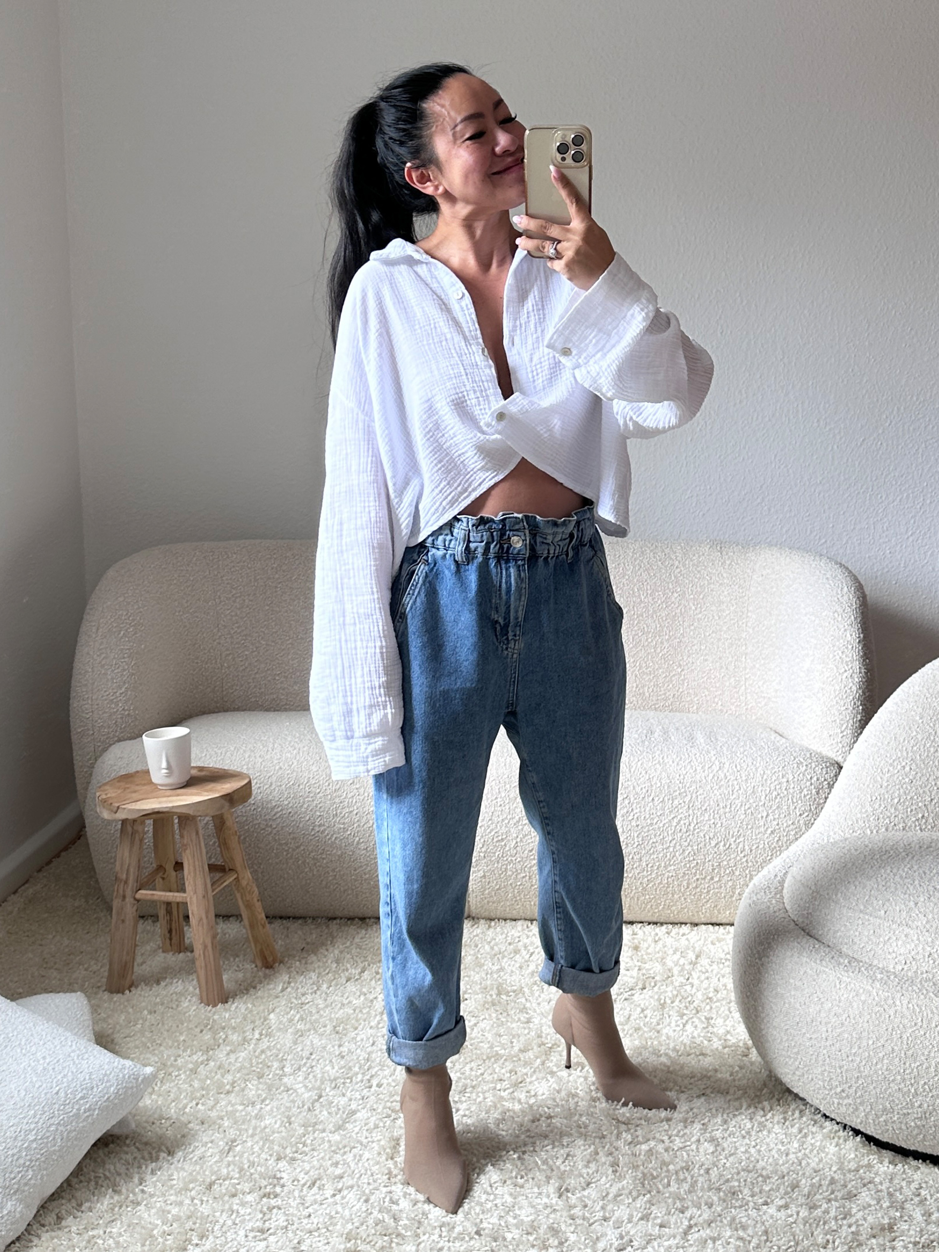 Musselin Cropped Bluse mit Kragen - Weiss