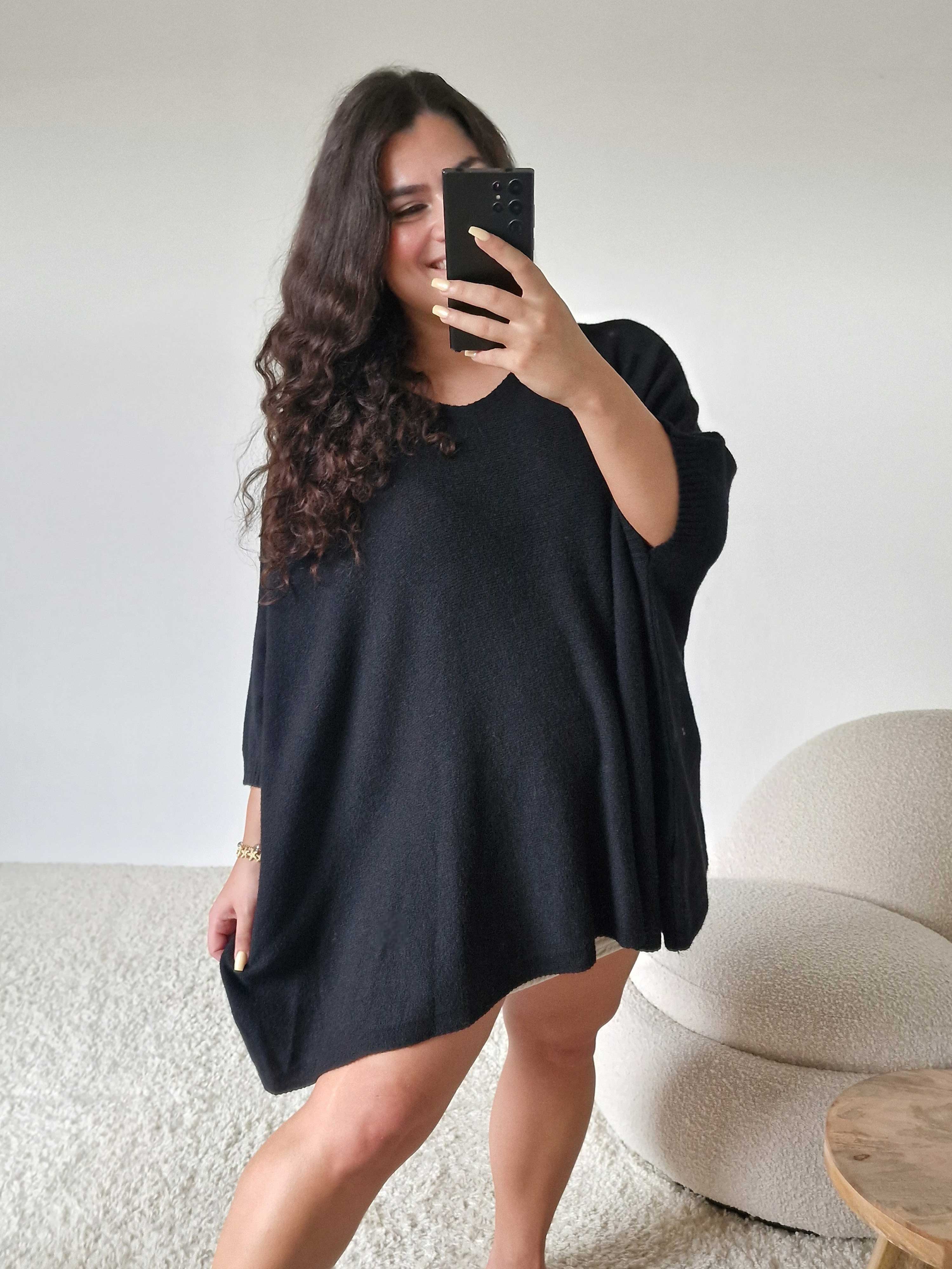 Oversize Viskose Kurzarm Poncho - Schwarz