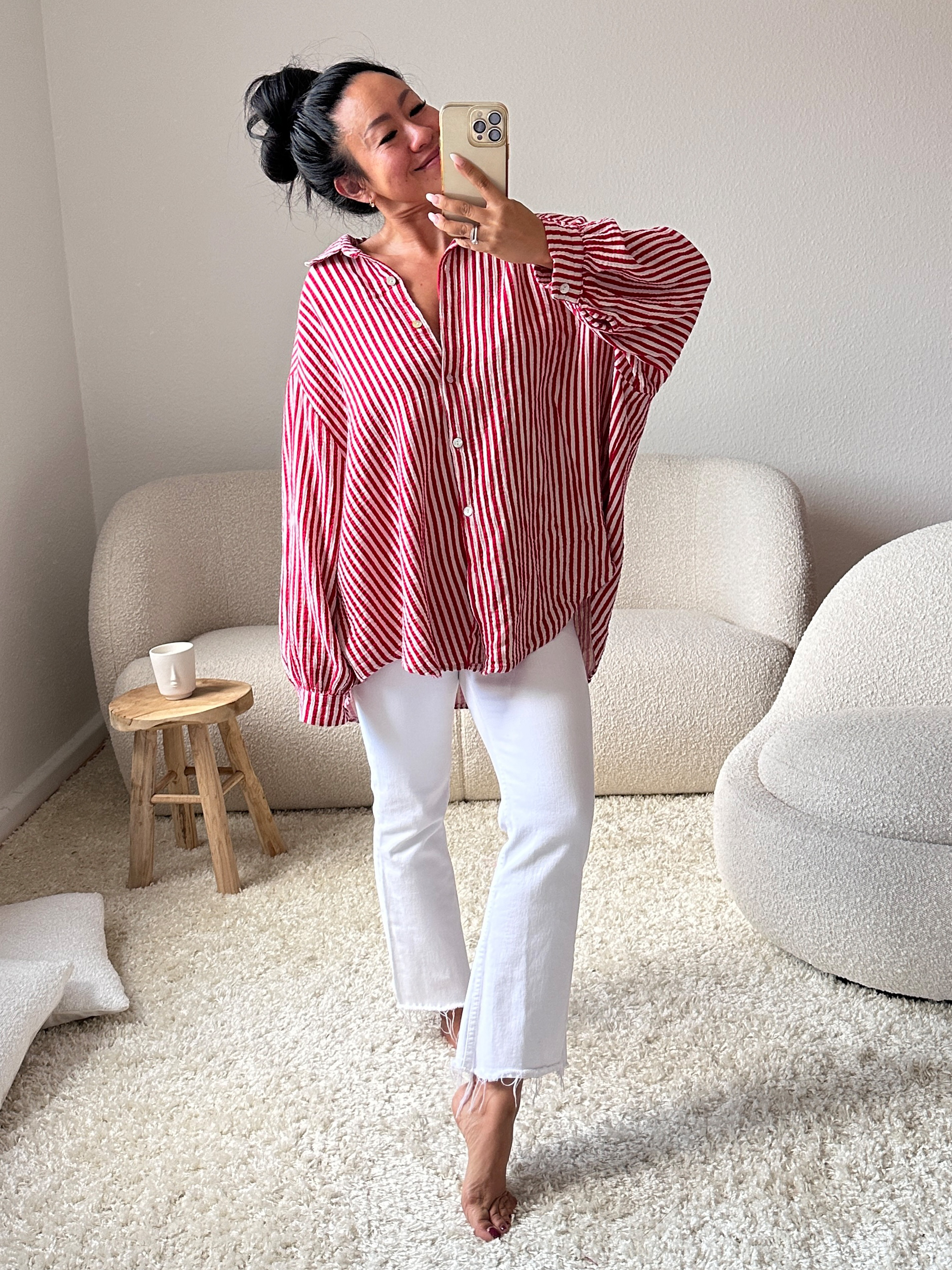 Musselin Midi Oversize Bluse - STRIPES - Rot/Beige