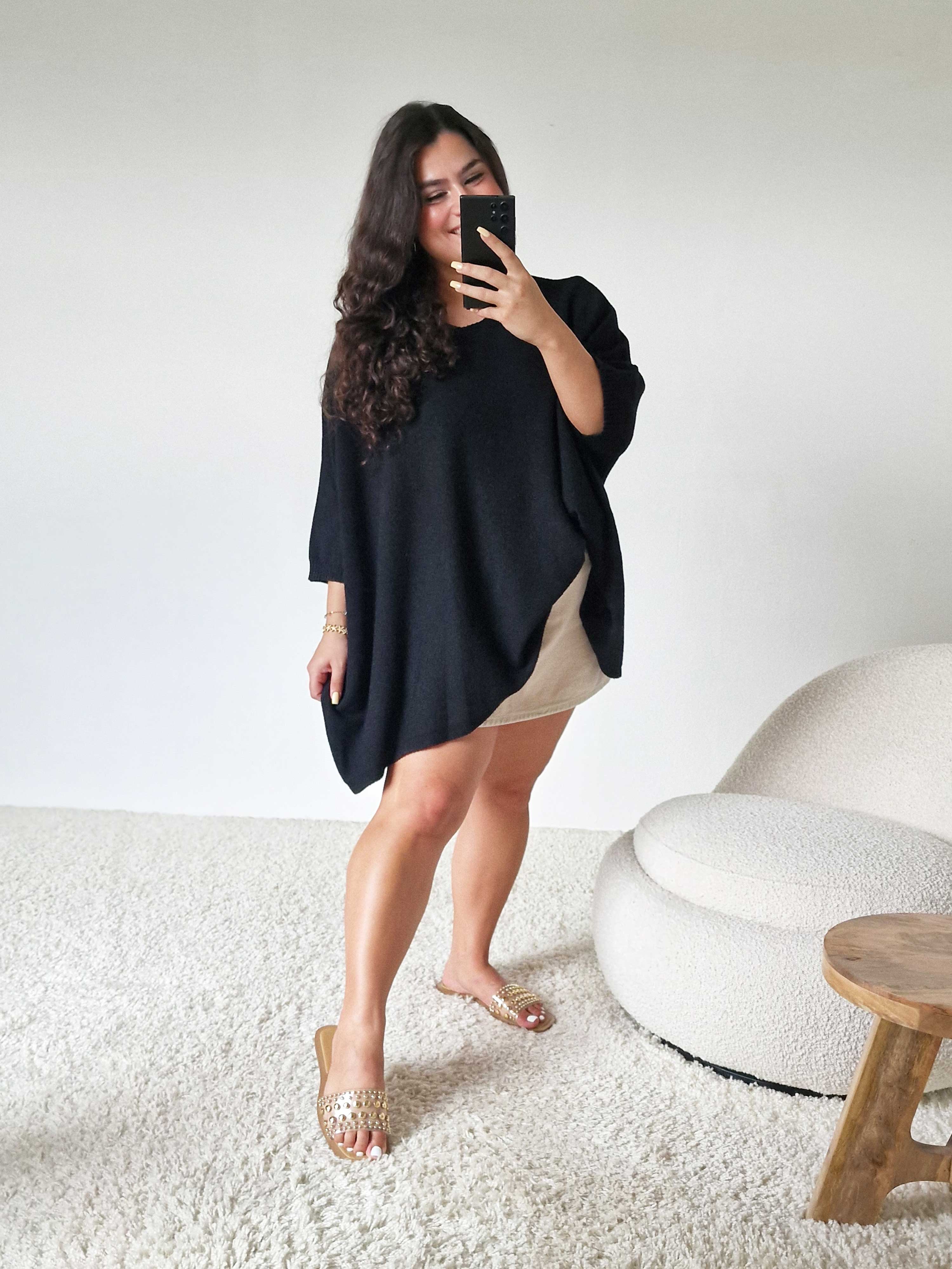 Oversize Viskose Kurzarm Poncho - Schwarz