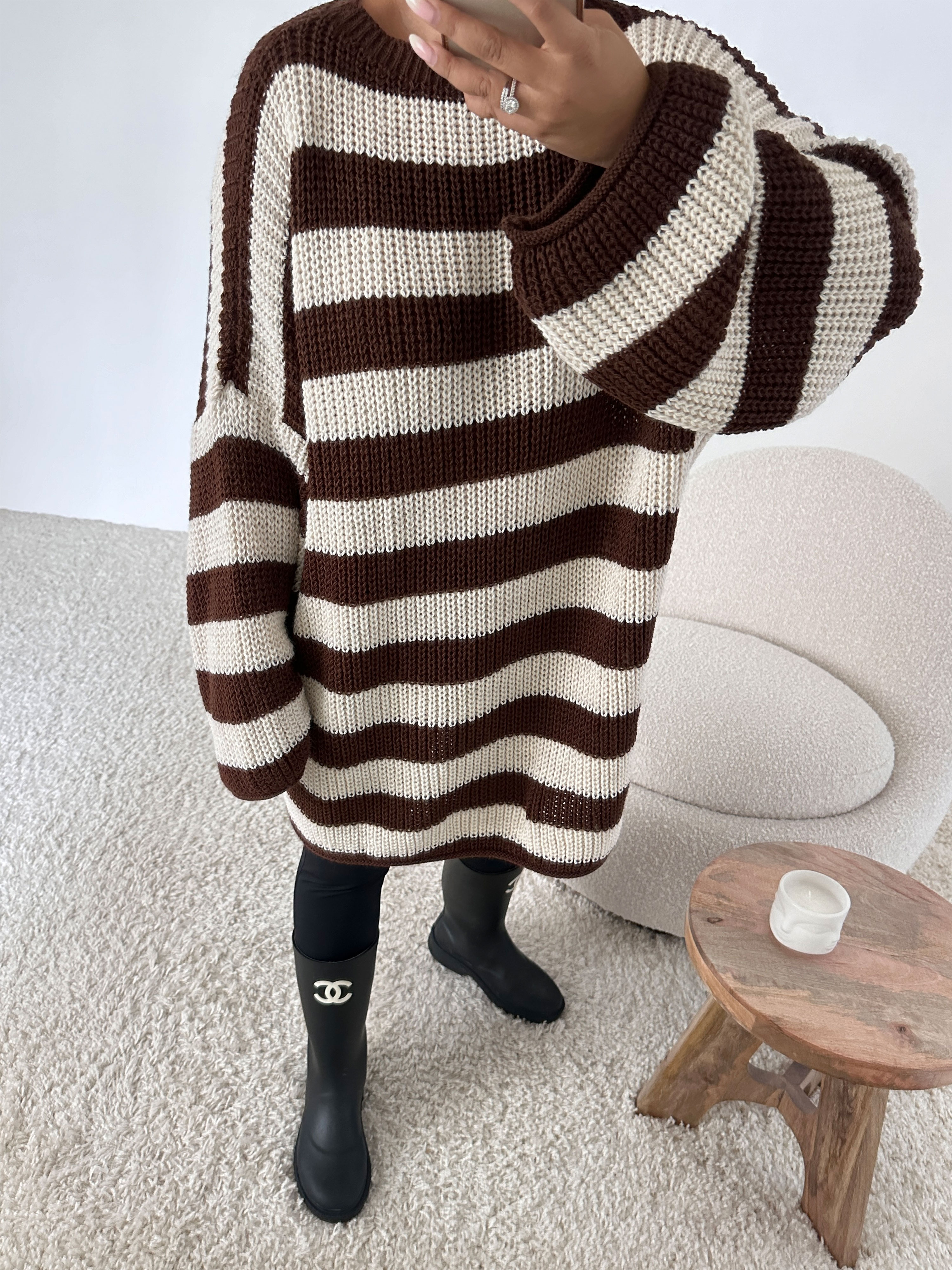 Schwerstrickpullover - STRIPES - Coffee