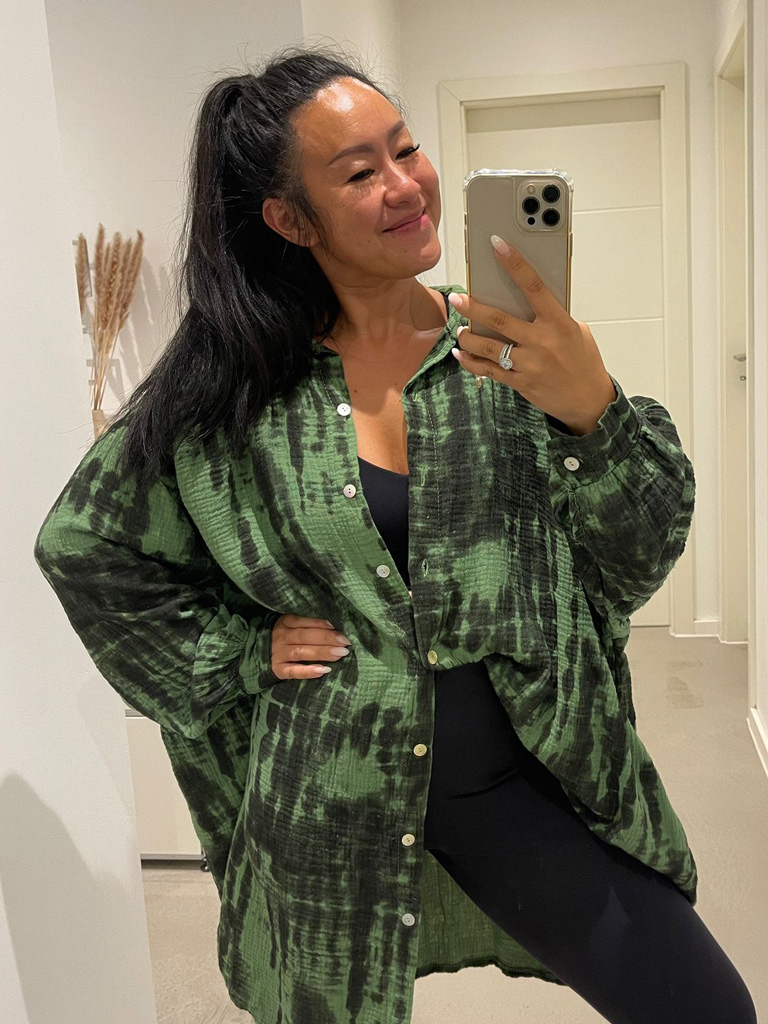 Musselin Oversize Long Bluse - TIE DYE - Verde