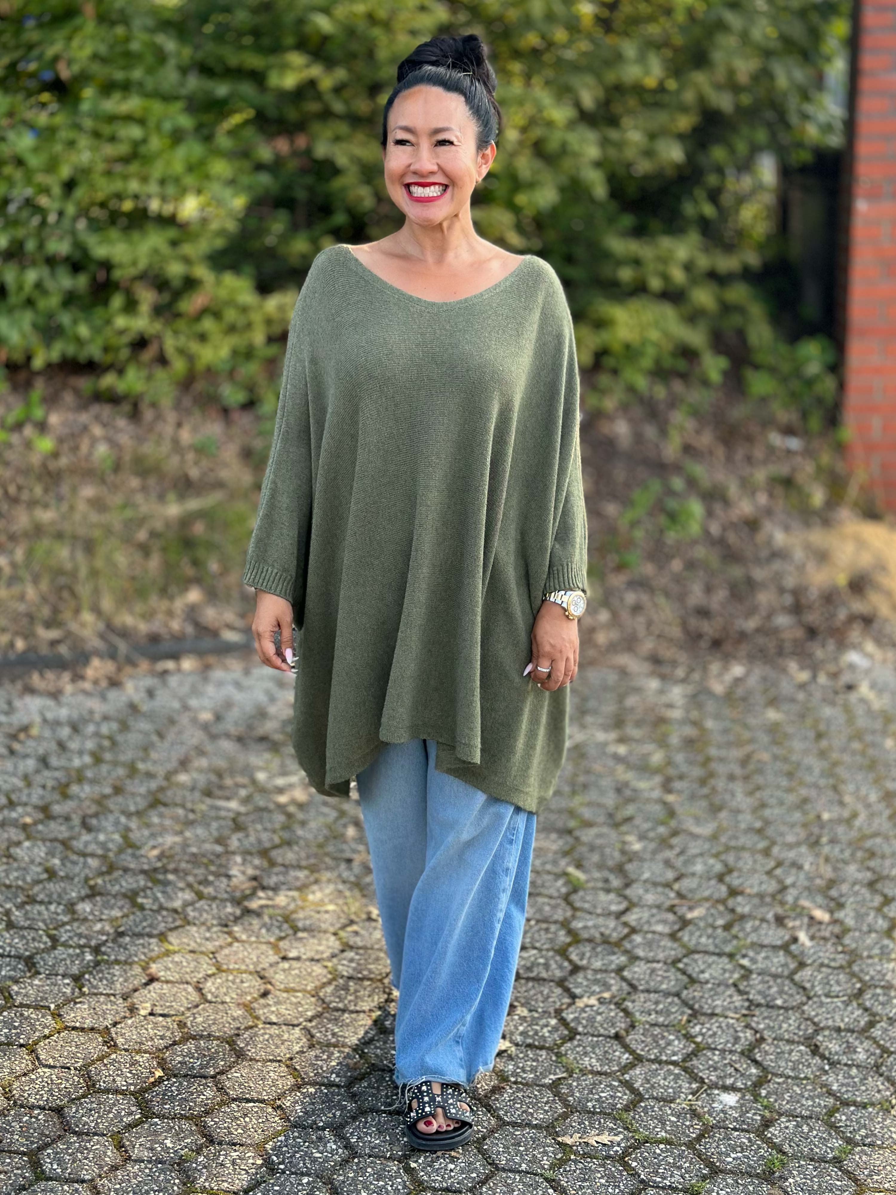 Oversize Viskose Kurzarm Poncho - Salbei