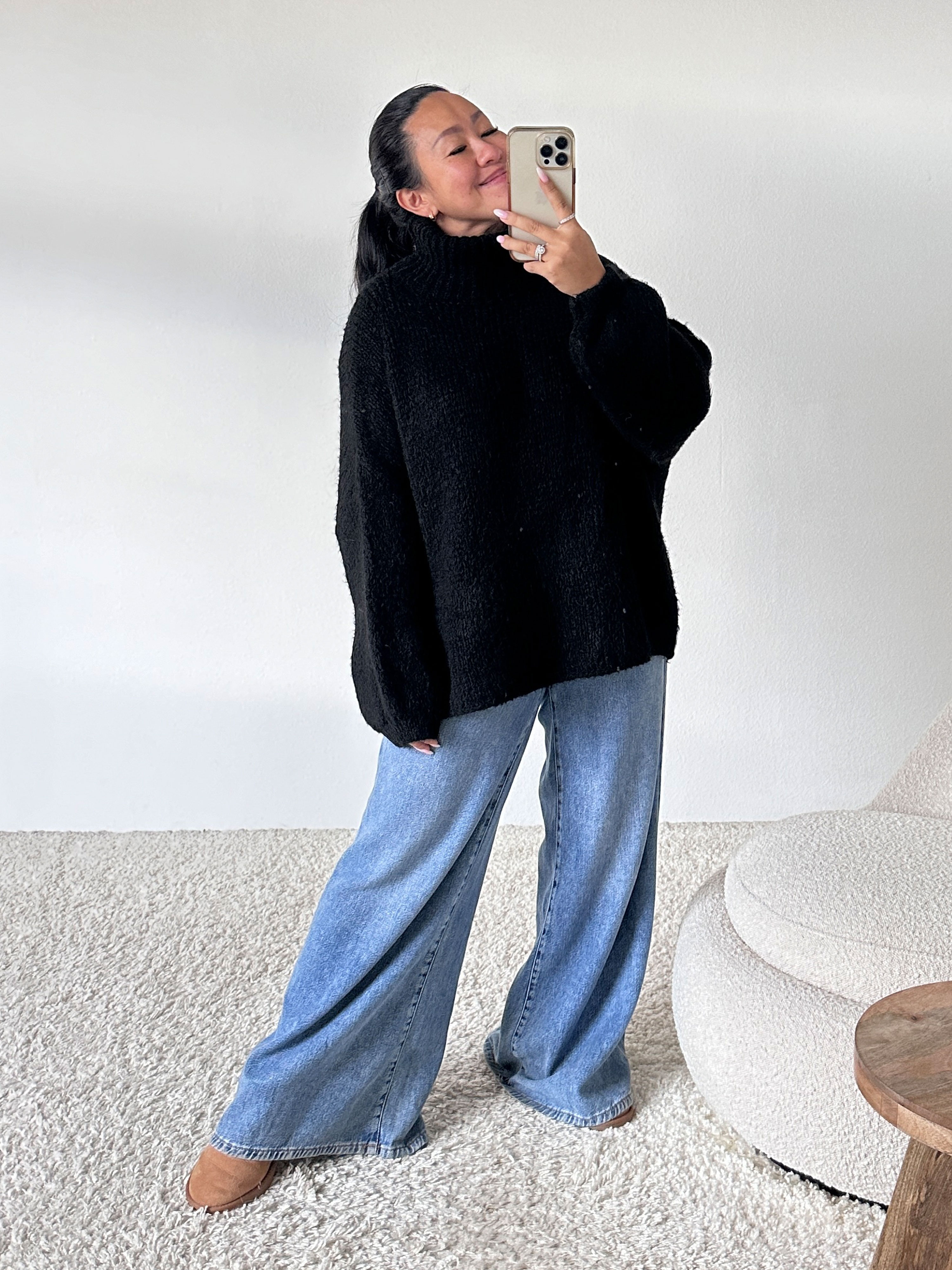 Oversize Pullover mit Schalkragen - FLAUSCHI - Schwarz