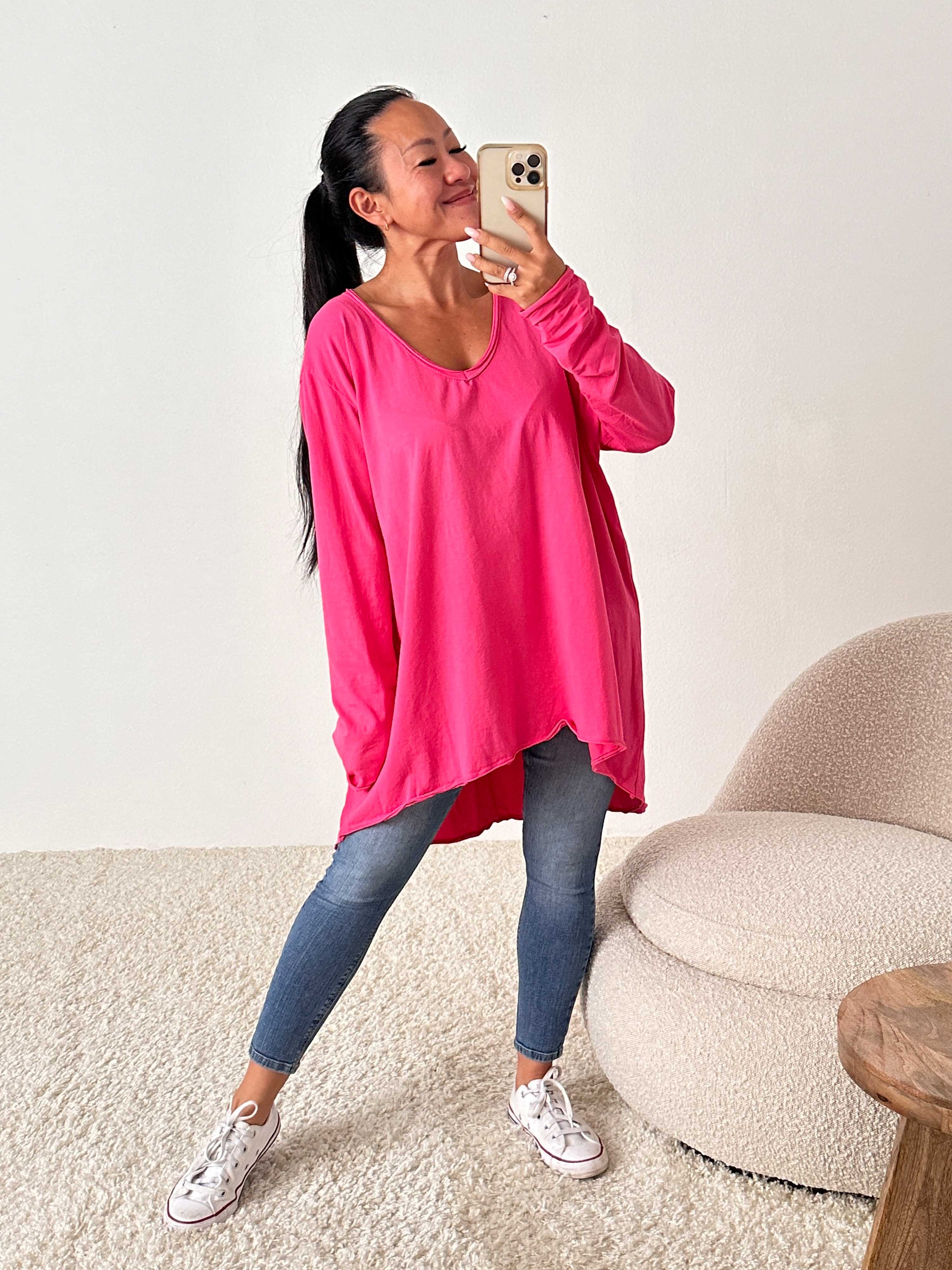 Basic Vokuhila Langarmshirt V-NECK - Pink