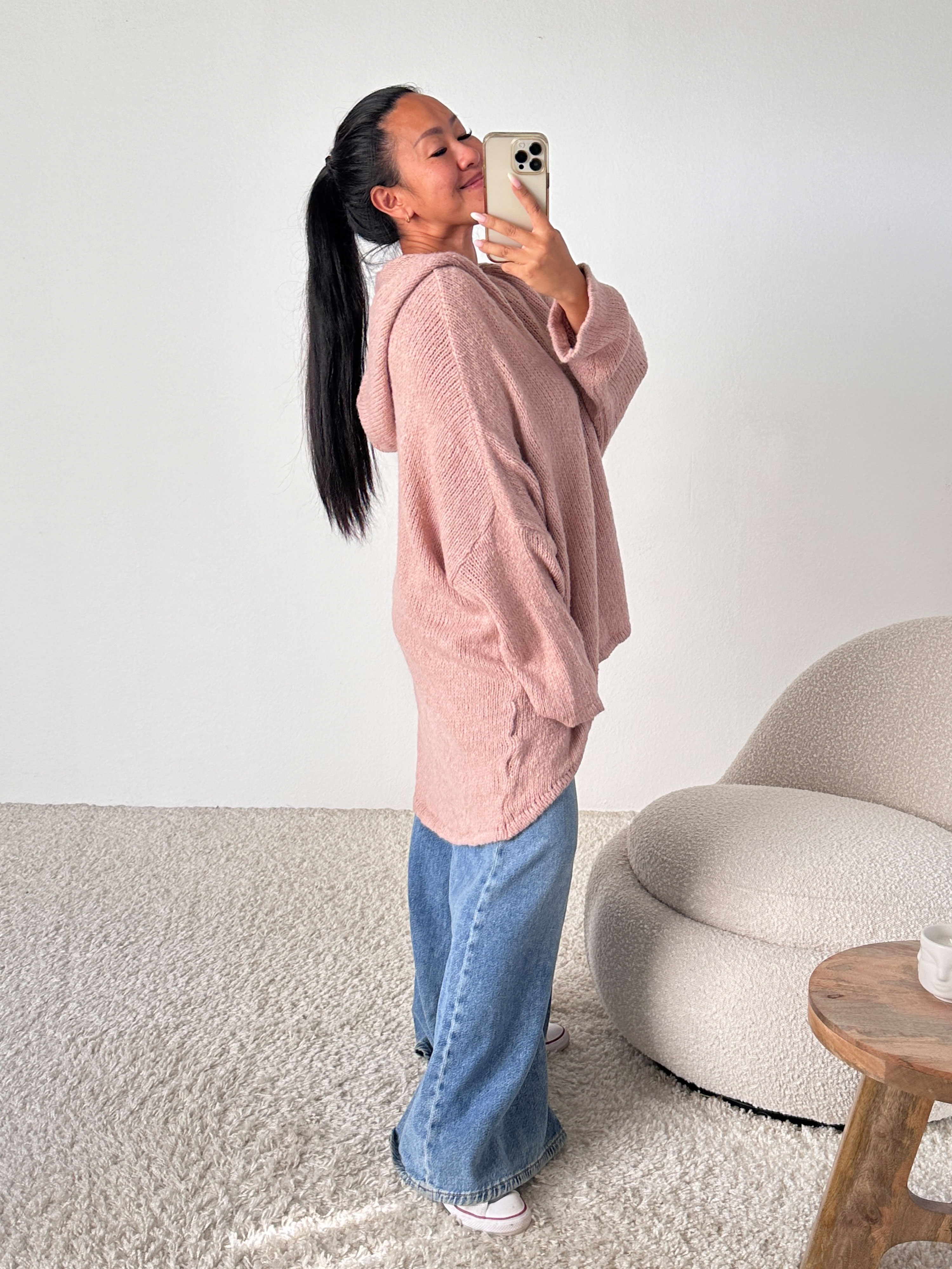 Oversize Vokuhila Hoodie Strickpullover - Blush