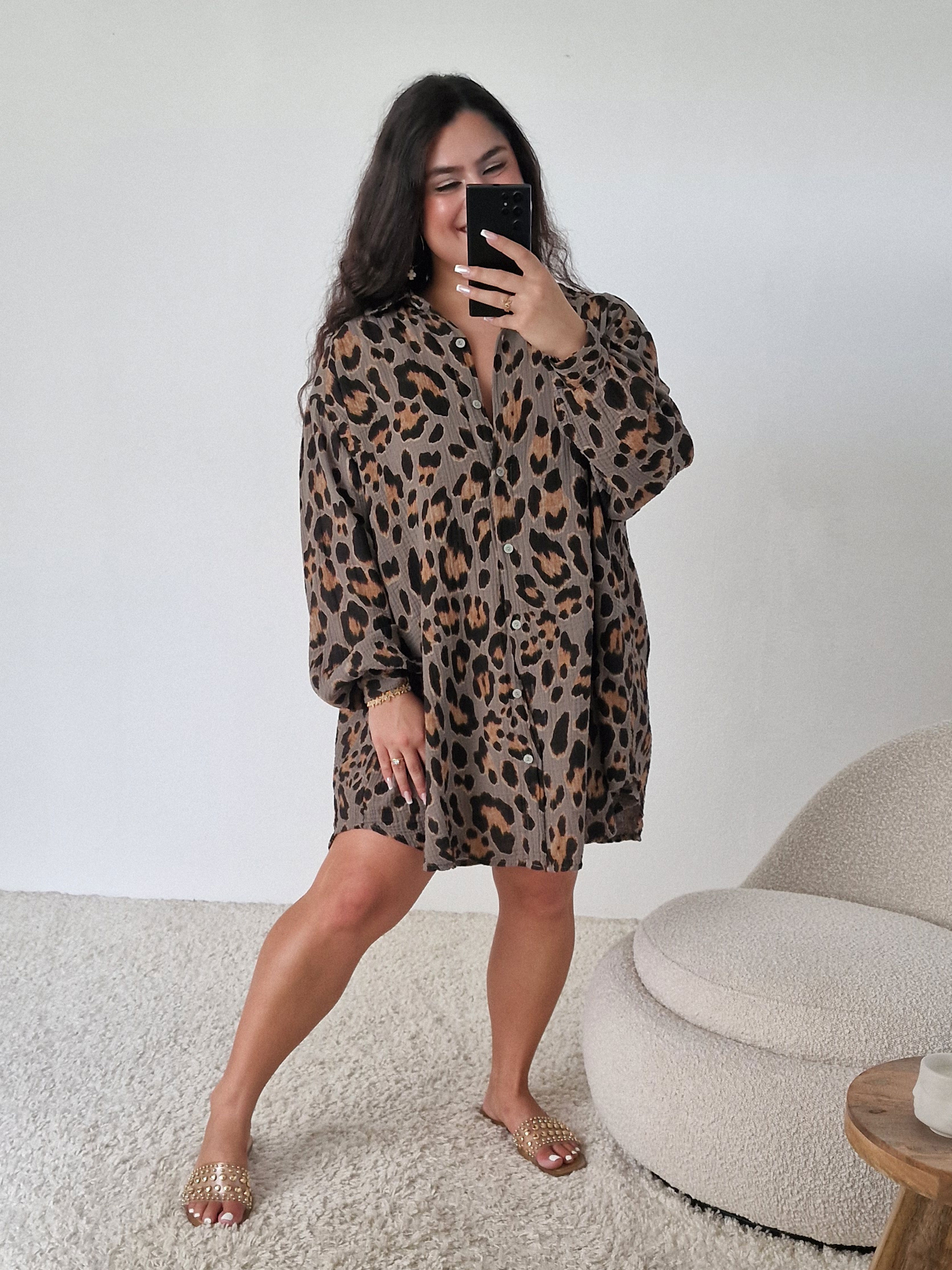 Musselin Long Oversize Bluse - NALA - LEOPARD Taupe