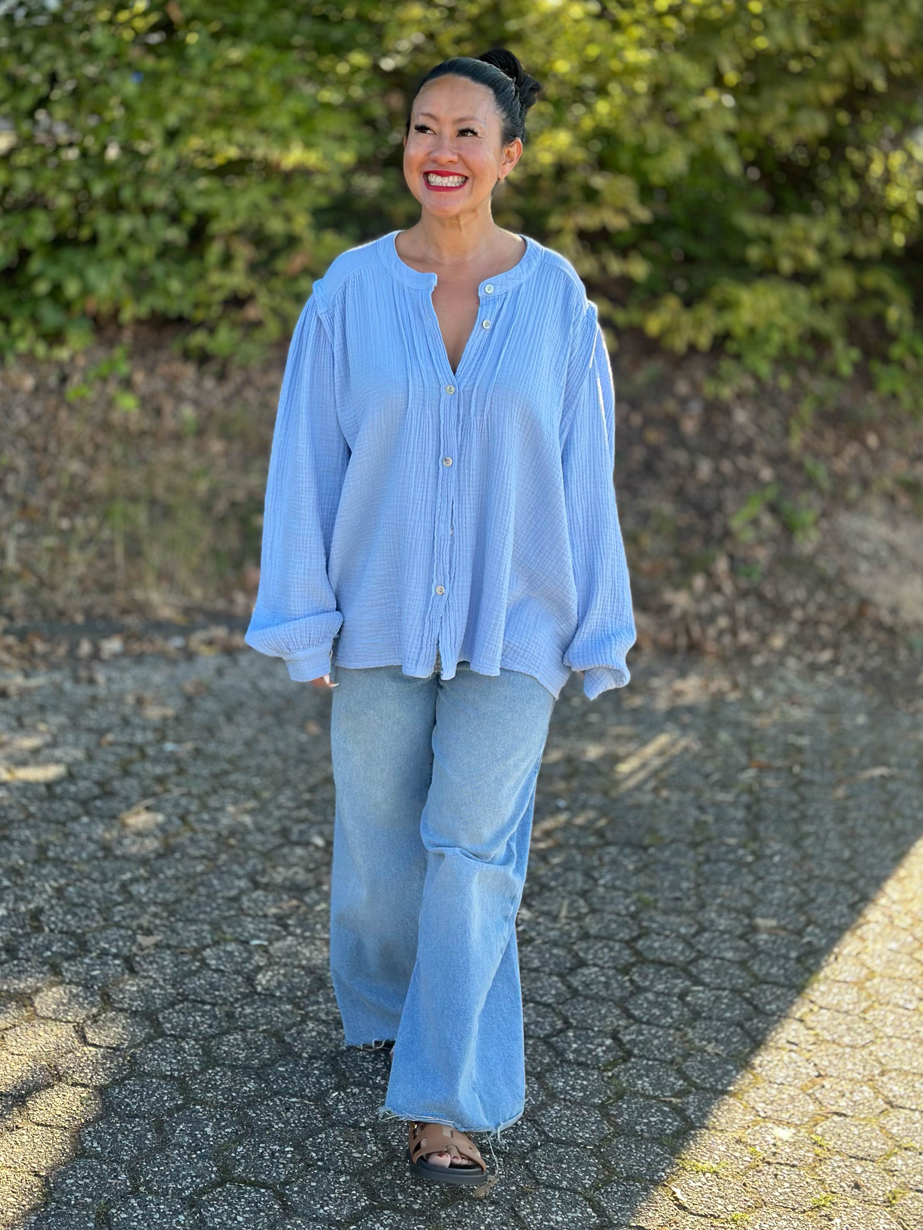 Musselin Oversize Rundhals Bluse - FLORENCE - Jeansblau