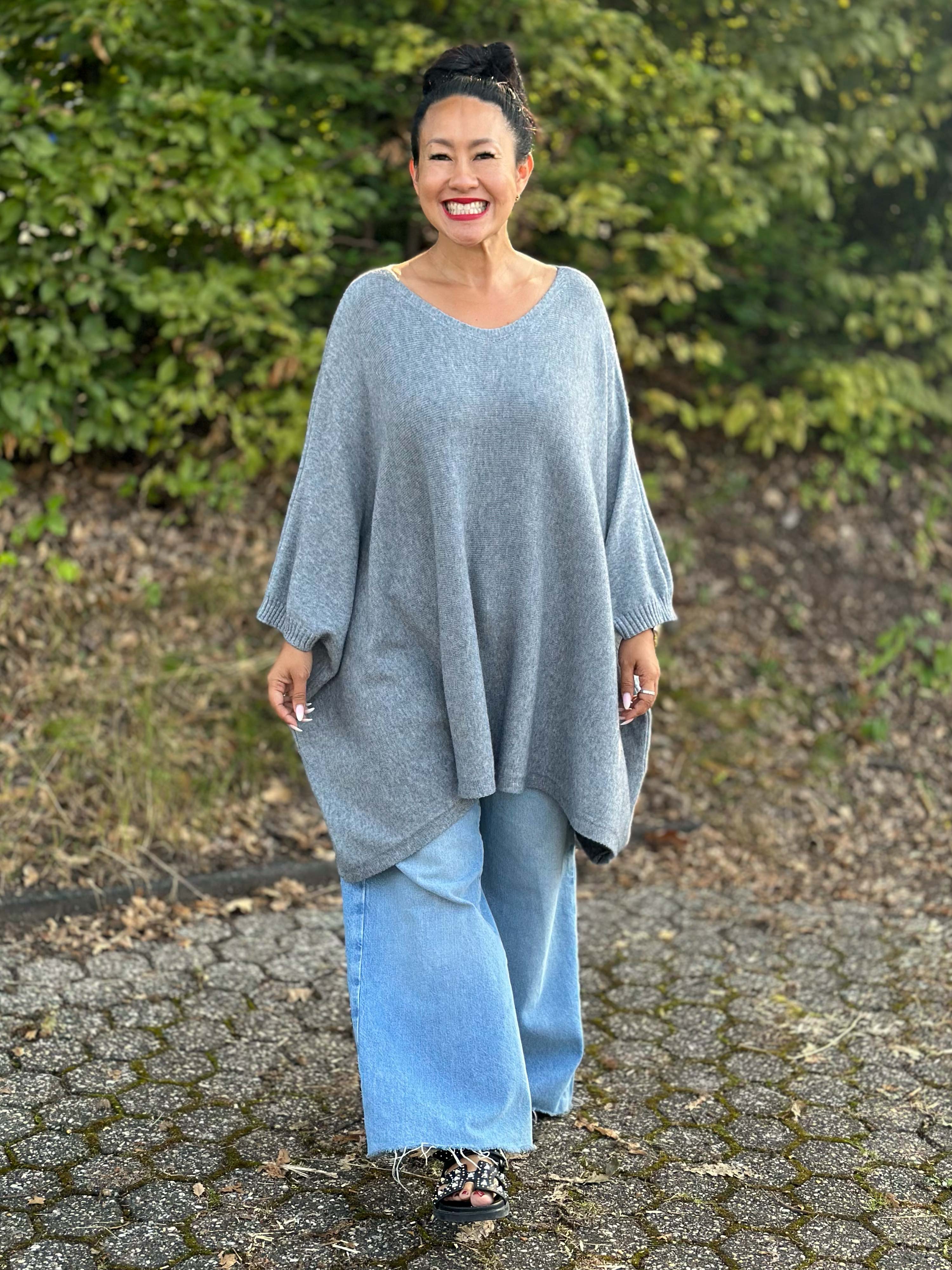 Oversize Viskose Kurzarm Poncho - Grau