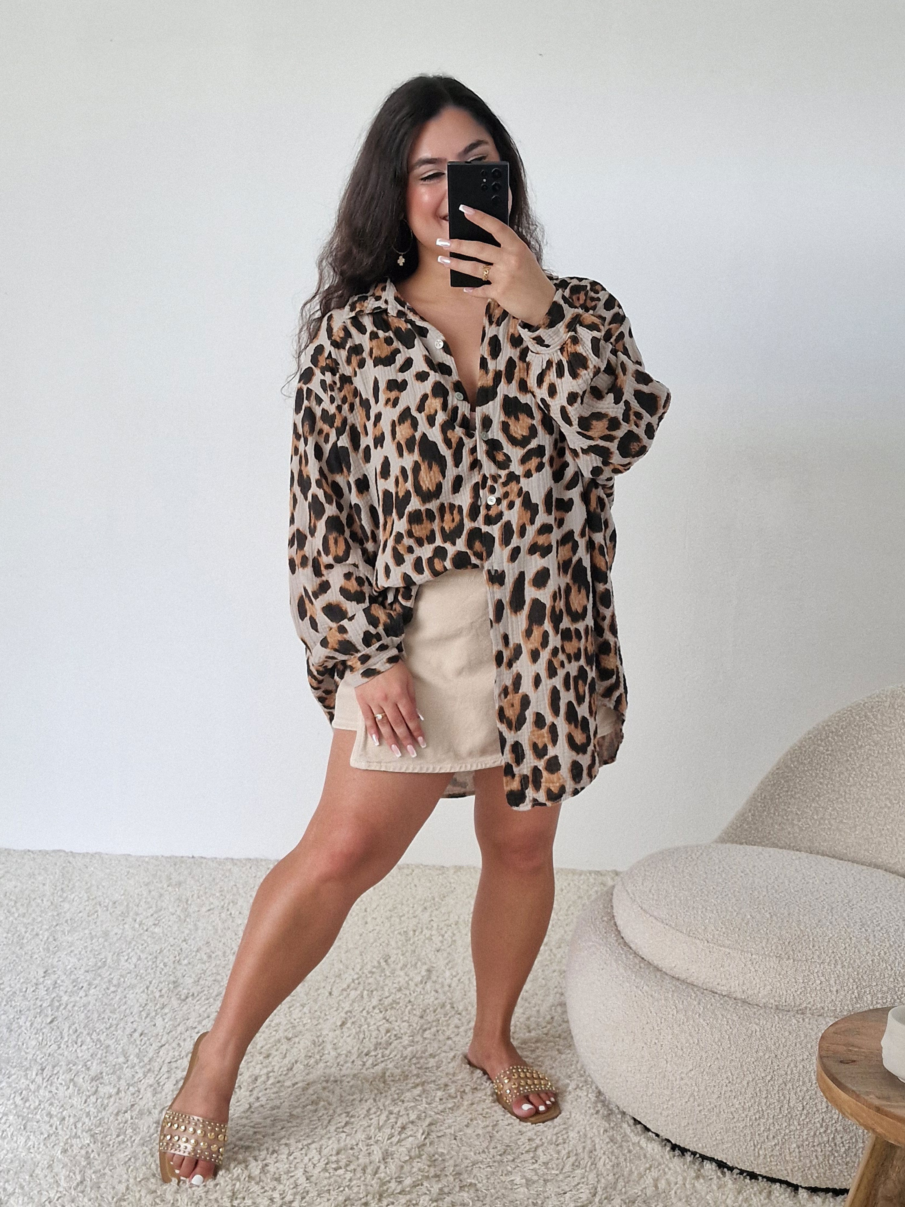 Musselin Long Oversize Bluse - NALA - LEOPARD Beige