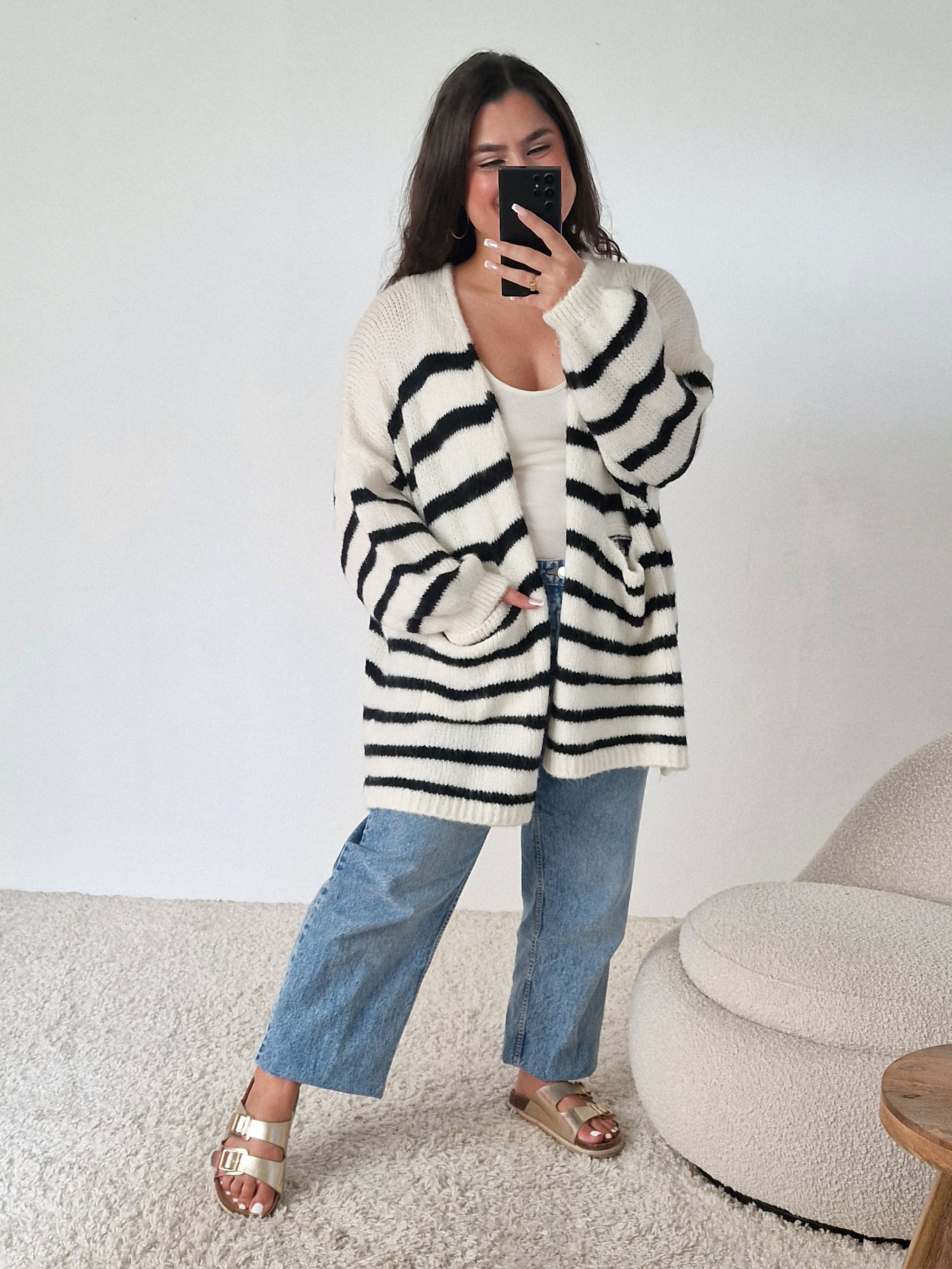 Oversize Cardigen mit Taschen FLAUSCHI - STRIPES - Creme