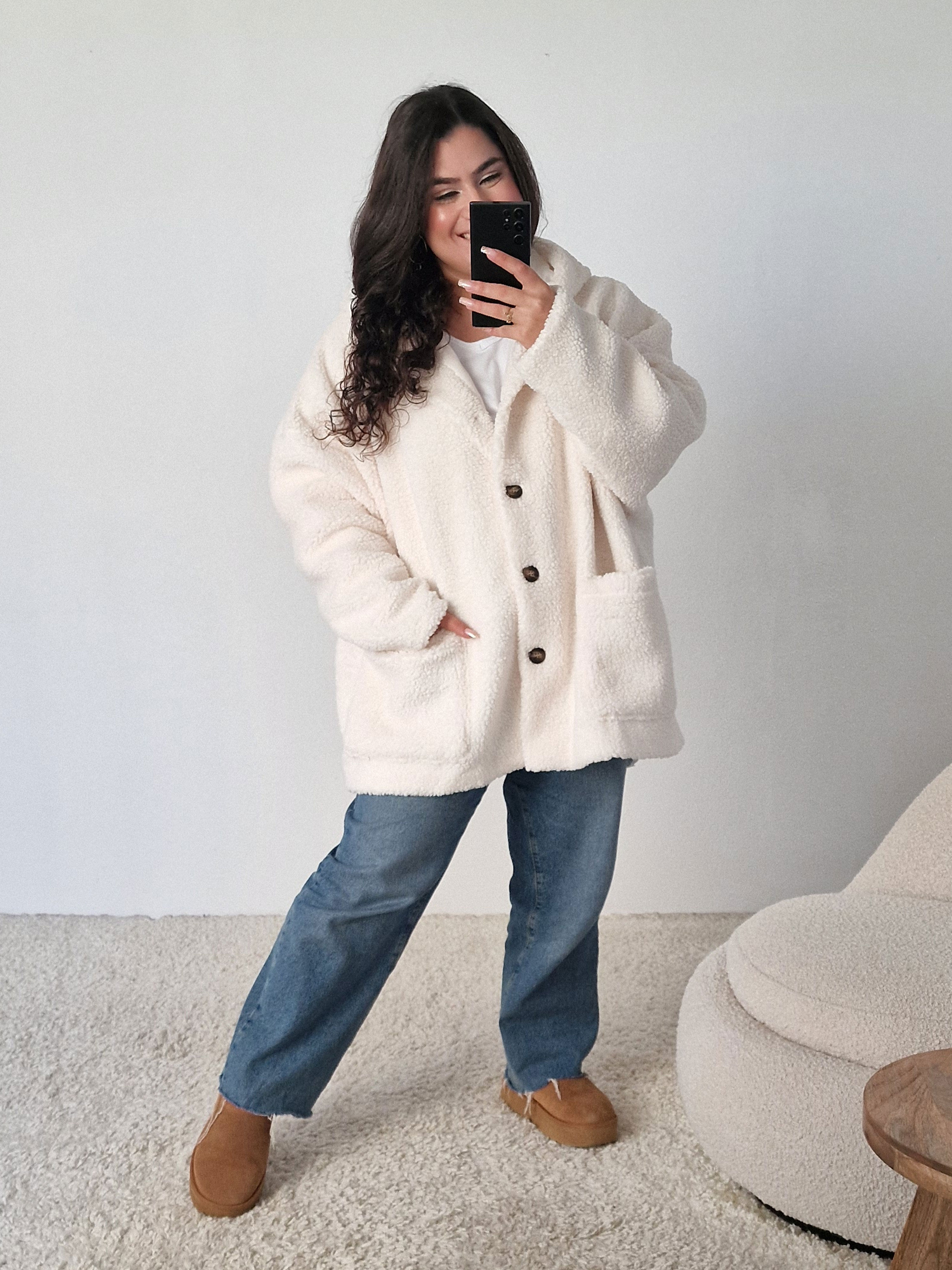 Teddylook Oversize Jacke mit Kapuze - Coconut