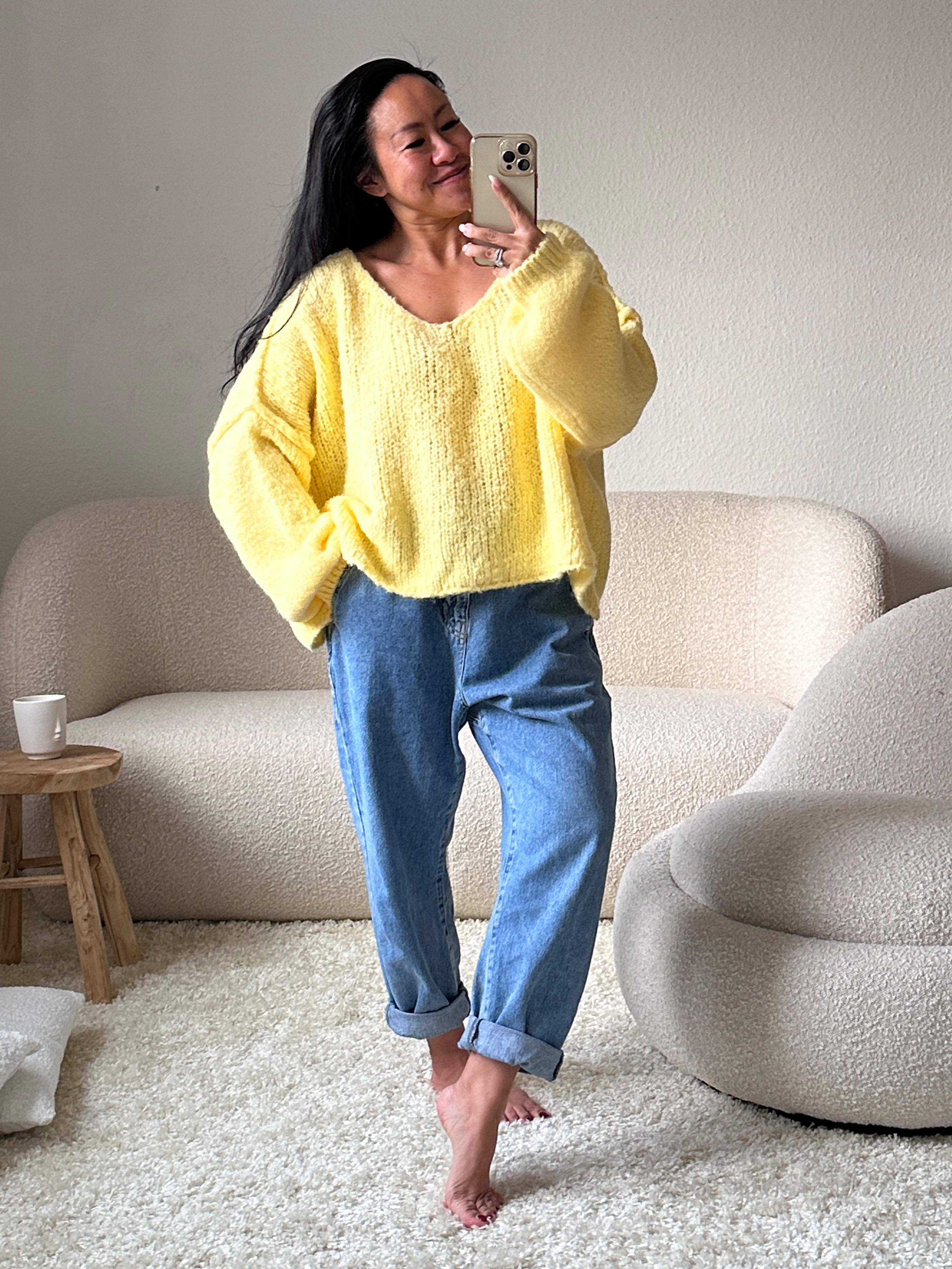 Oversize CROPPED Strickpullover mit V-Ausschnitt - FLAUSCHI - Lemon