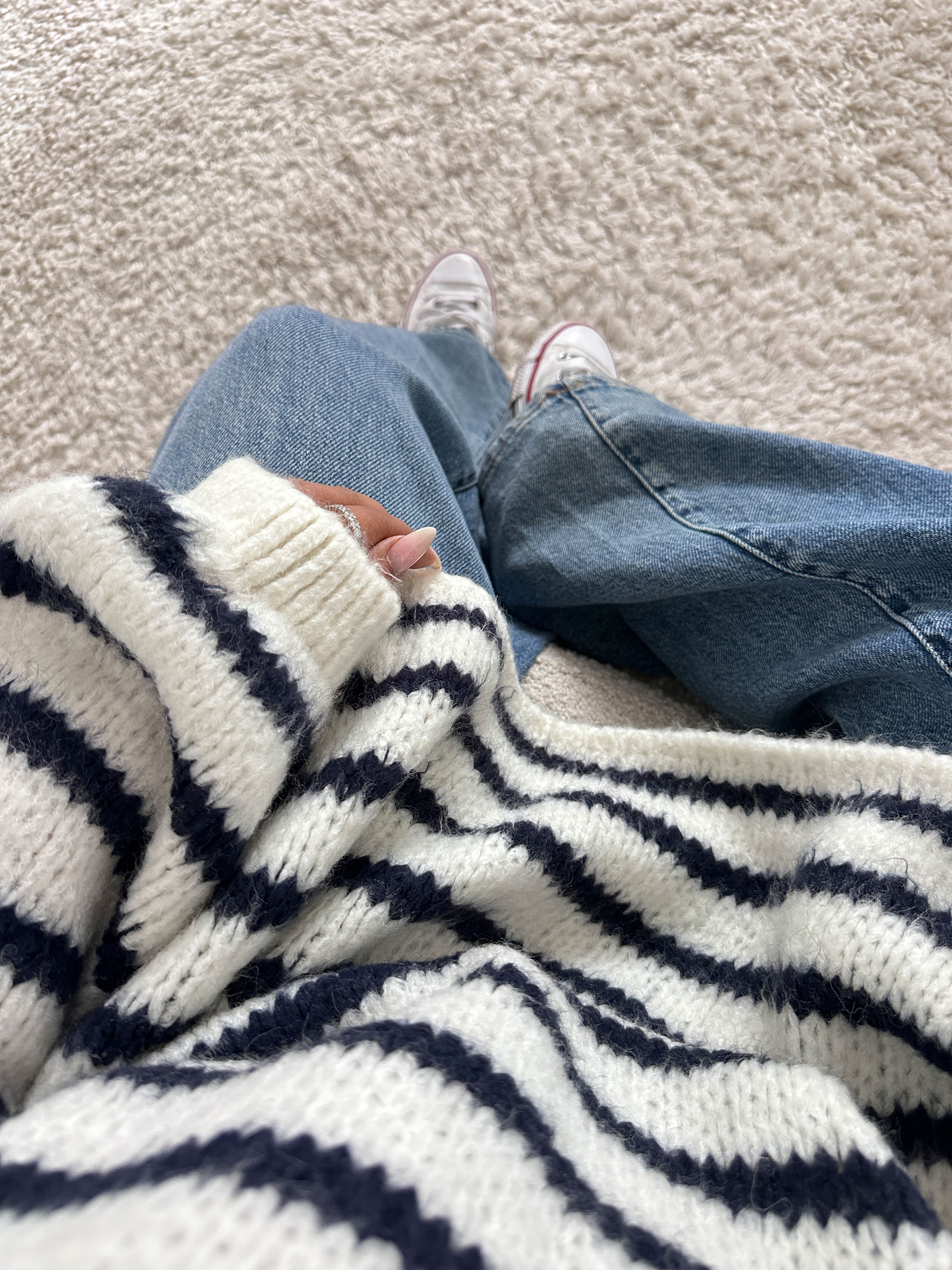 Oversize Strickpullover mit Stehkragen FLAUSCHI LINA - STRIPES - Creme/Navy