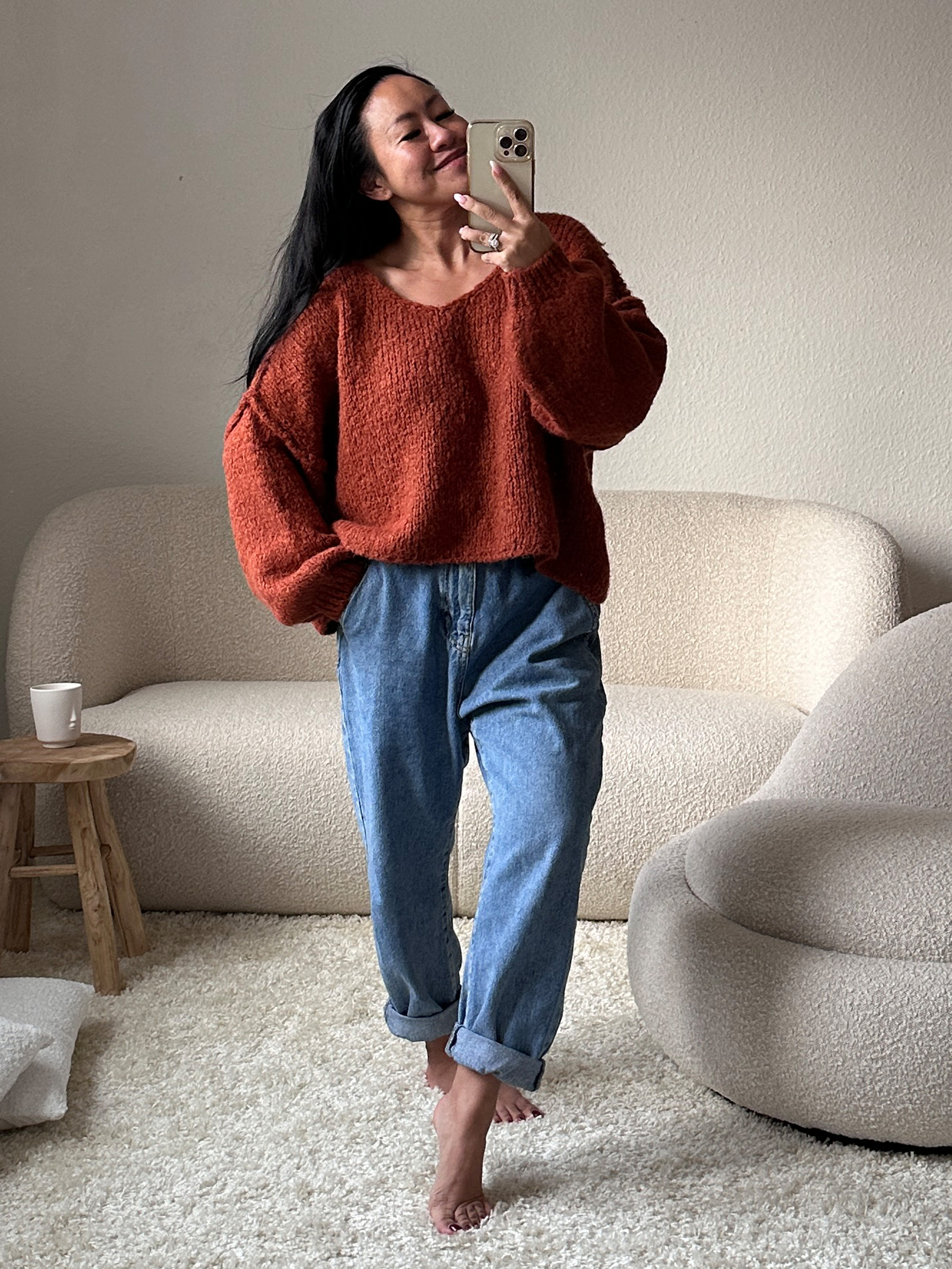 Oversize CROPPED Strickpullover mit V-Ausschnitt - FLAUSCHI - Rost