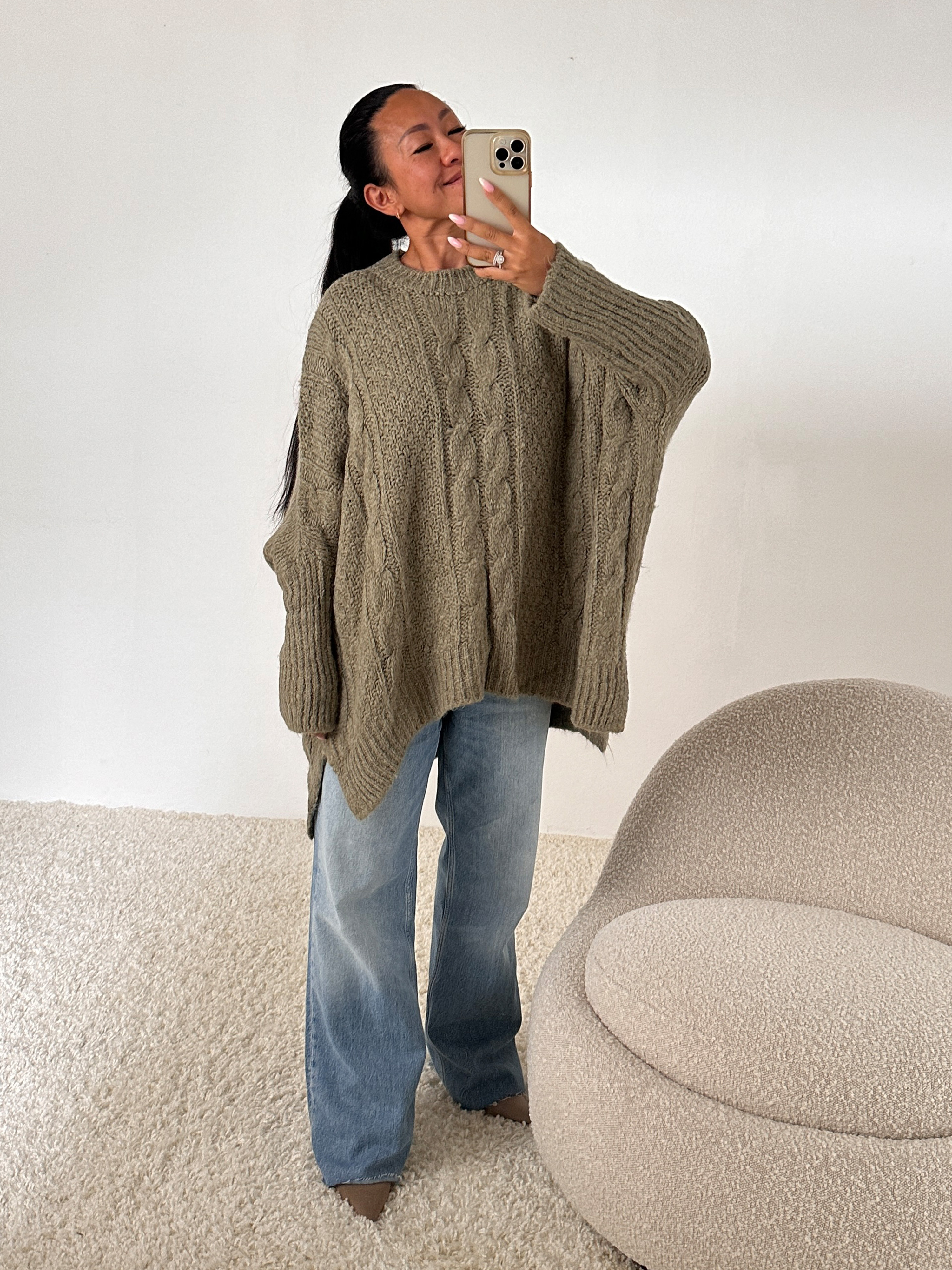 Oversize Strickpullover mit Zopfmuster - Matcha