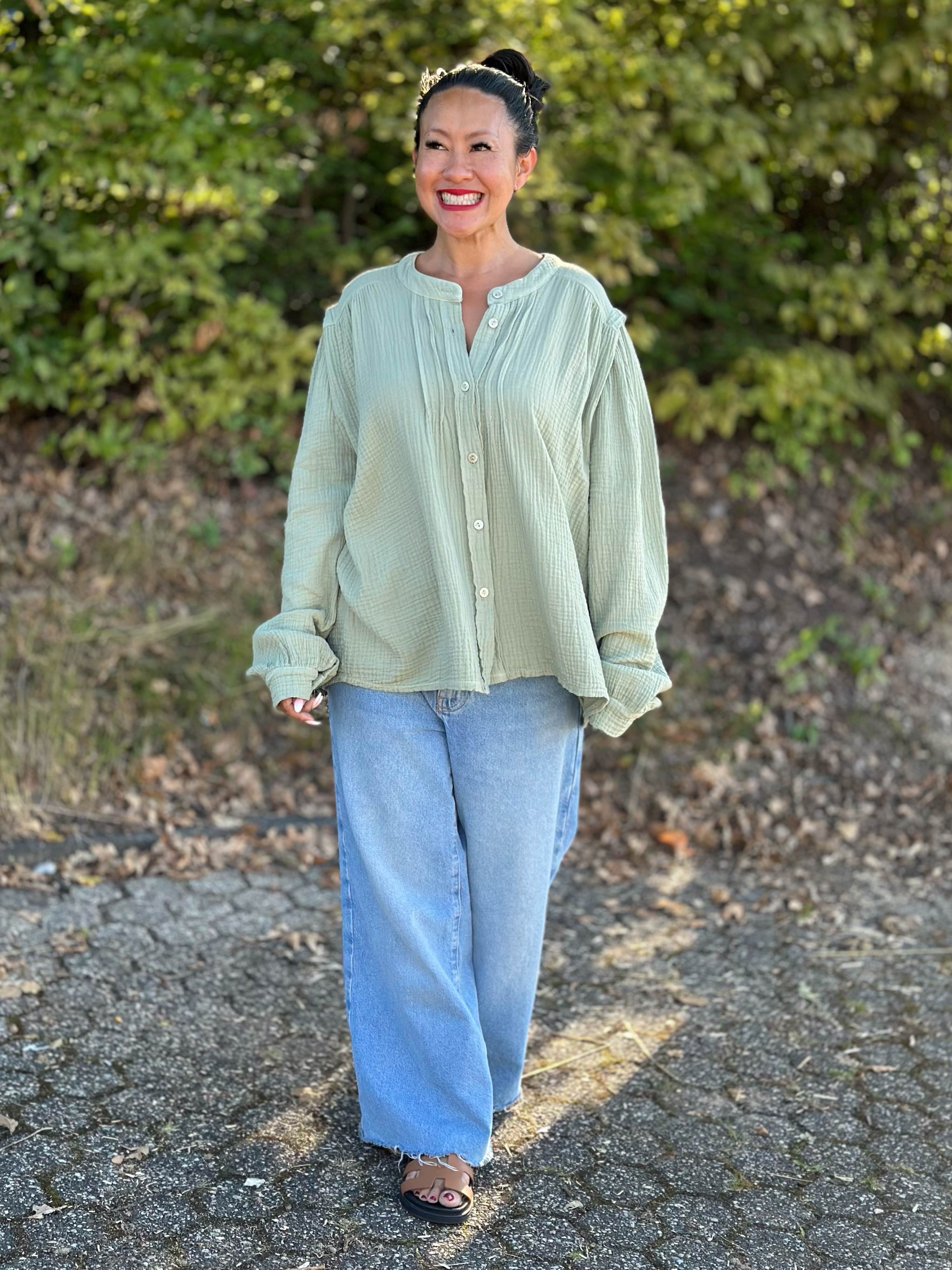 Musselin Oversize Rundhals Bluse - FLORENCE - Matcha