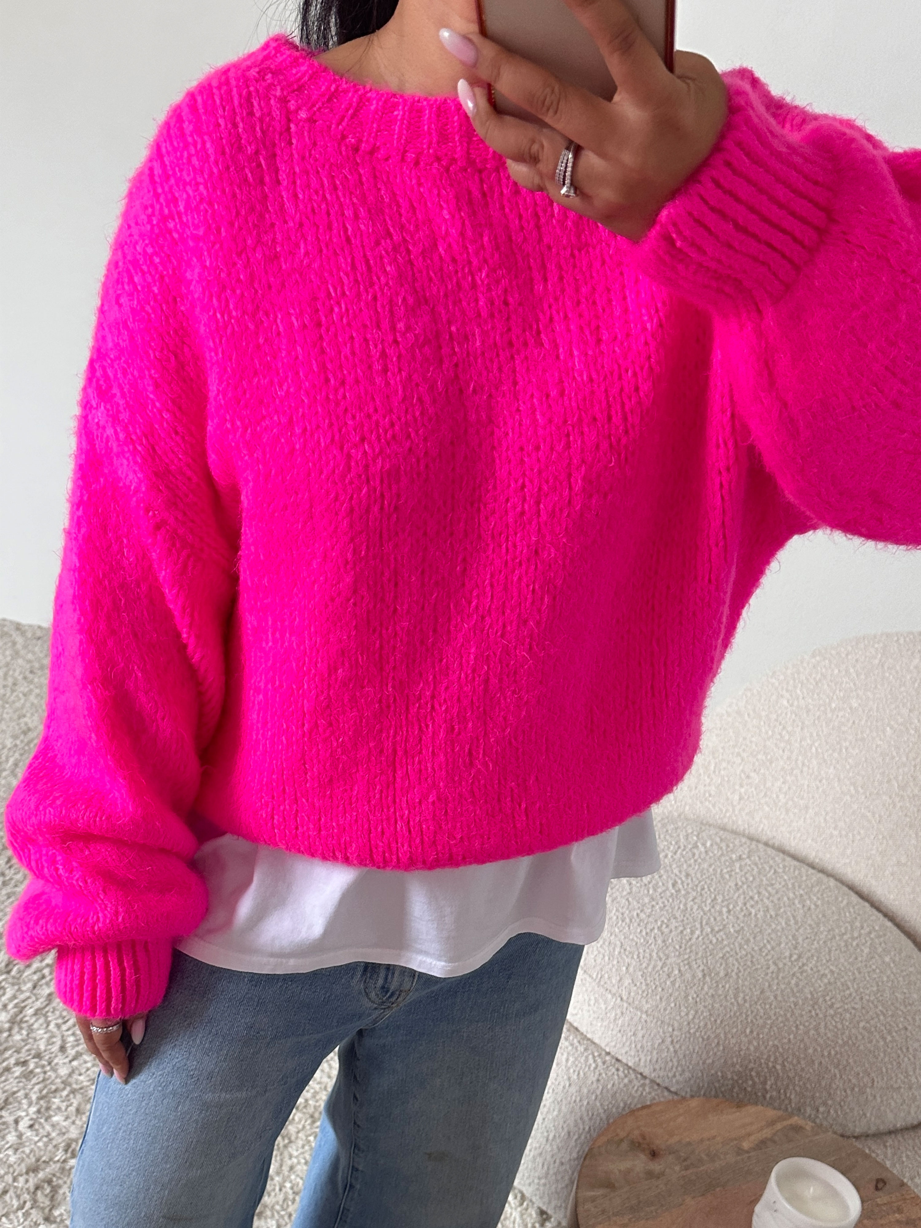 Strickpullover mit Rundhalsausschnitt - FLAUSCHI - Neon Pink