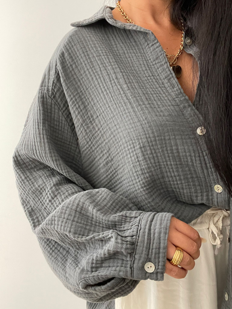 Musselin Oversize Bluse - Grau