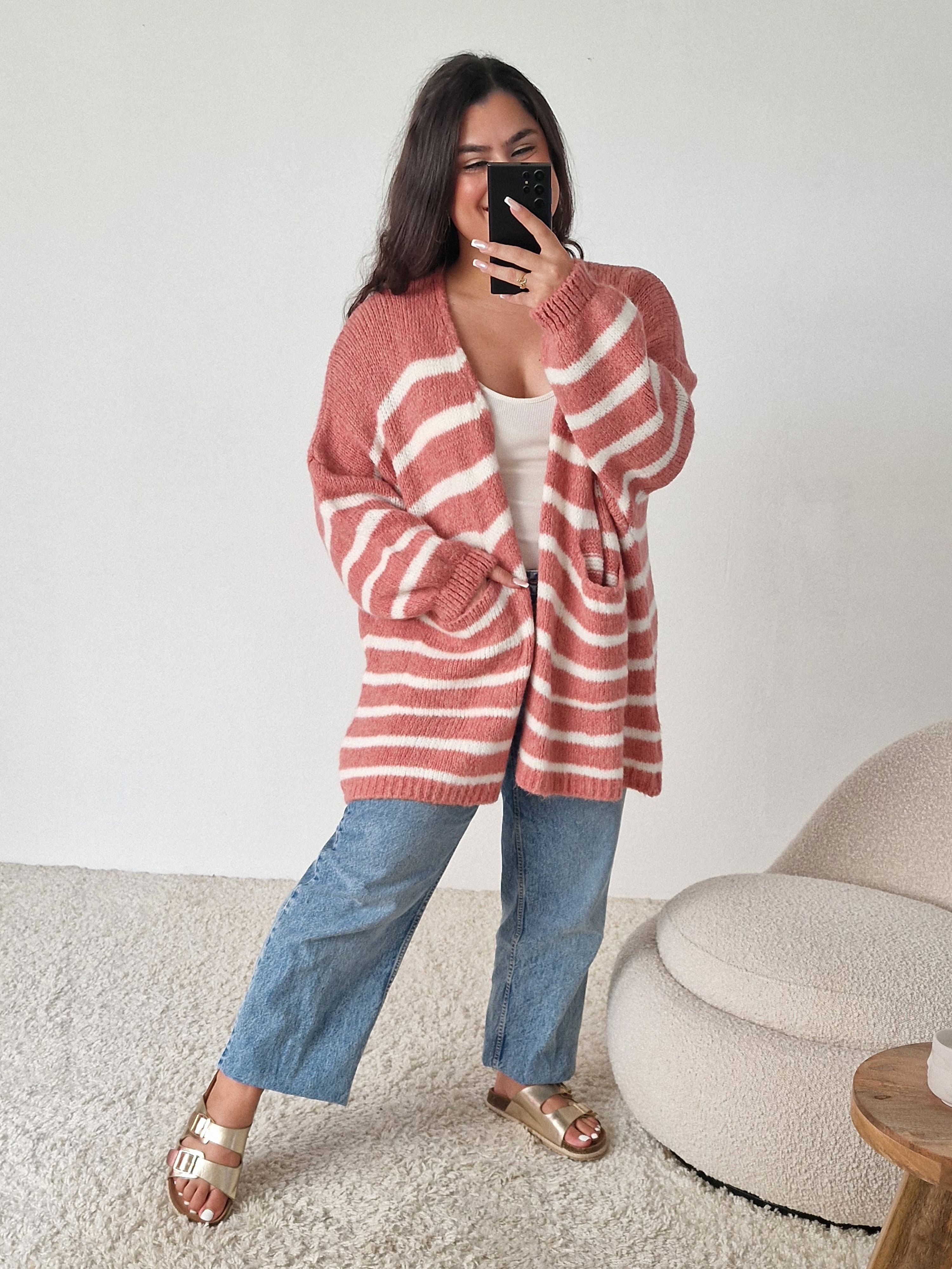 Oversize Cardigen mit Taschen FLAUSCHI - STRIPES - Berry