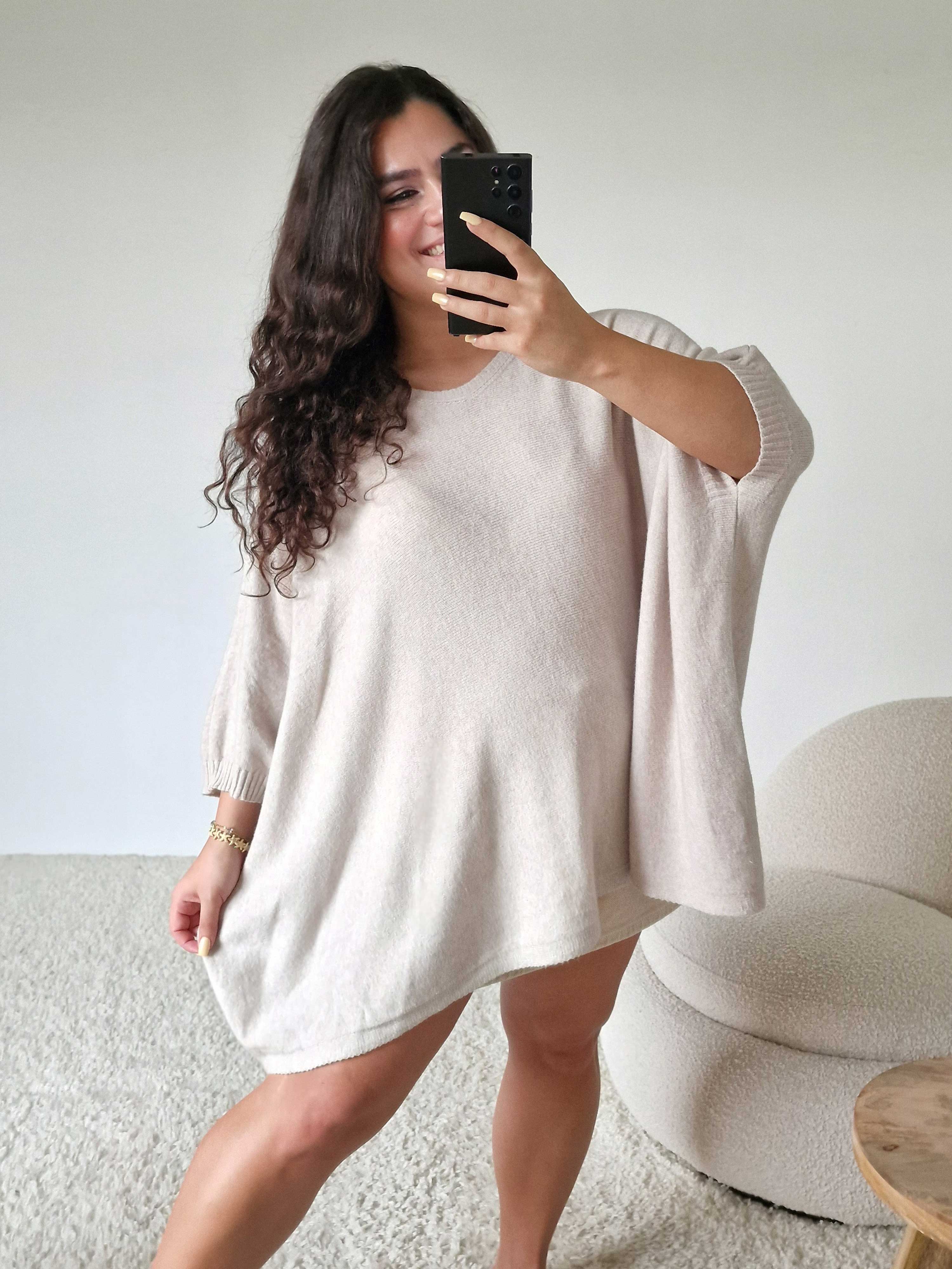 Oversize Viskose Kurzarm Poncho - Oatmeal