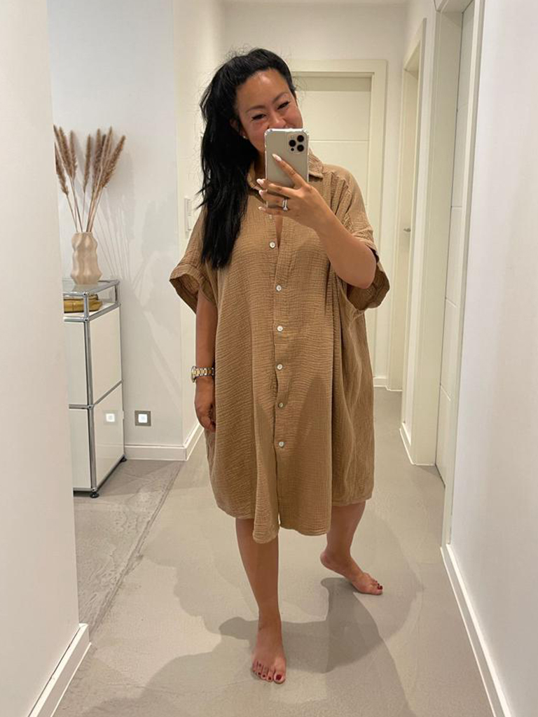 Musselin Oversize Kurzarm Bluse Long - Camel