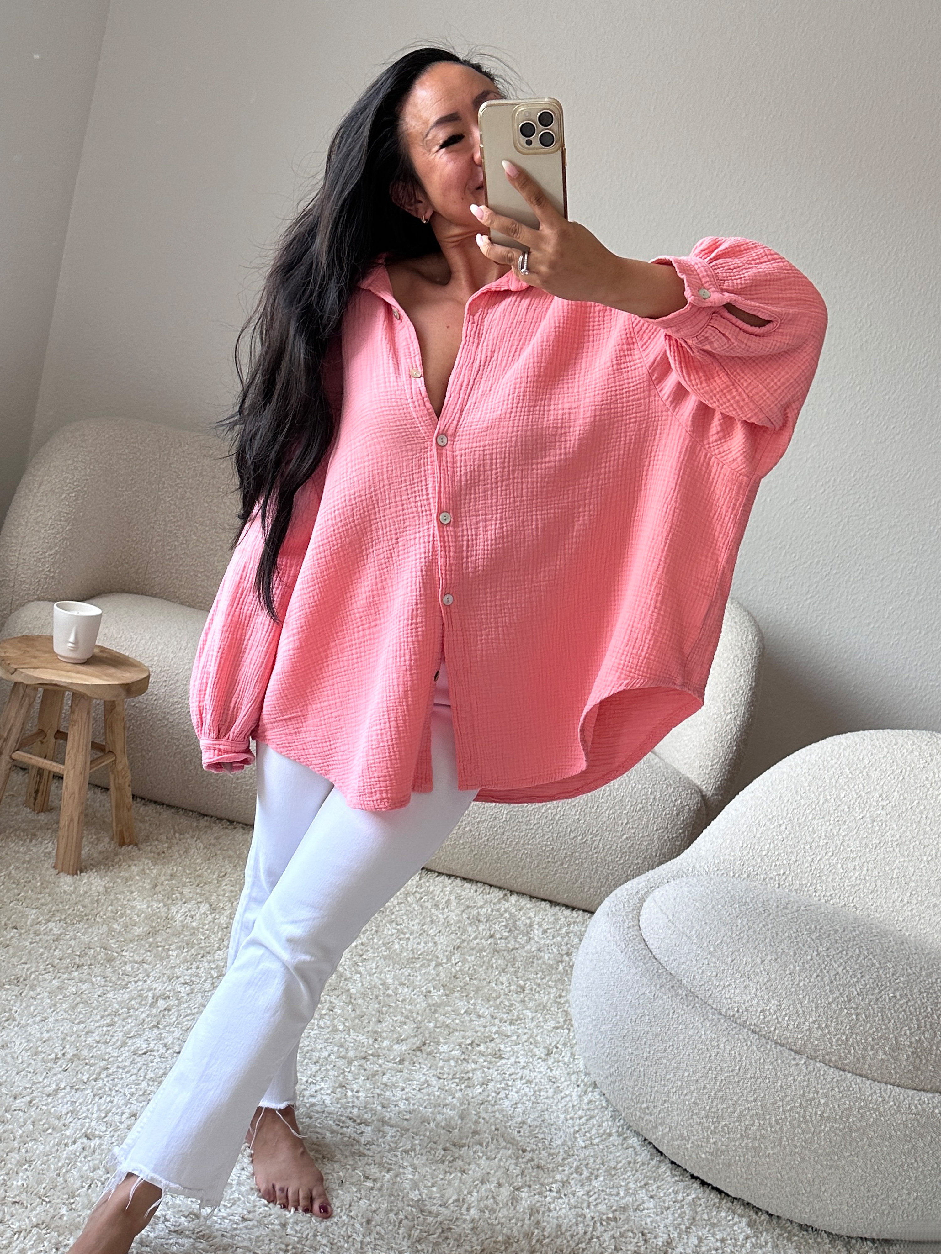 Musselin Midi Oversize Bluse - Flamingo