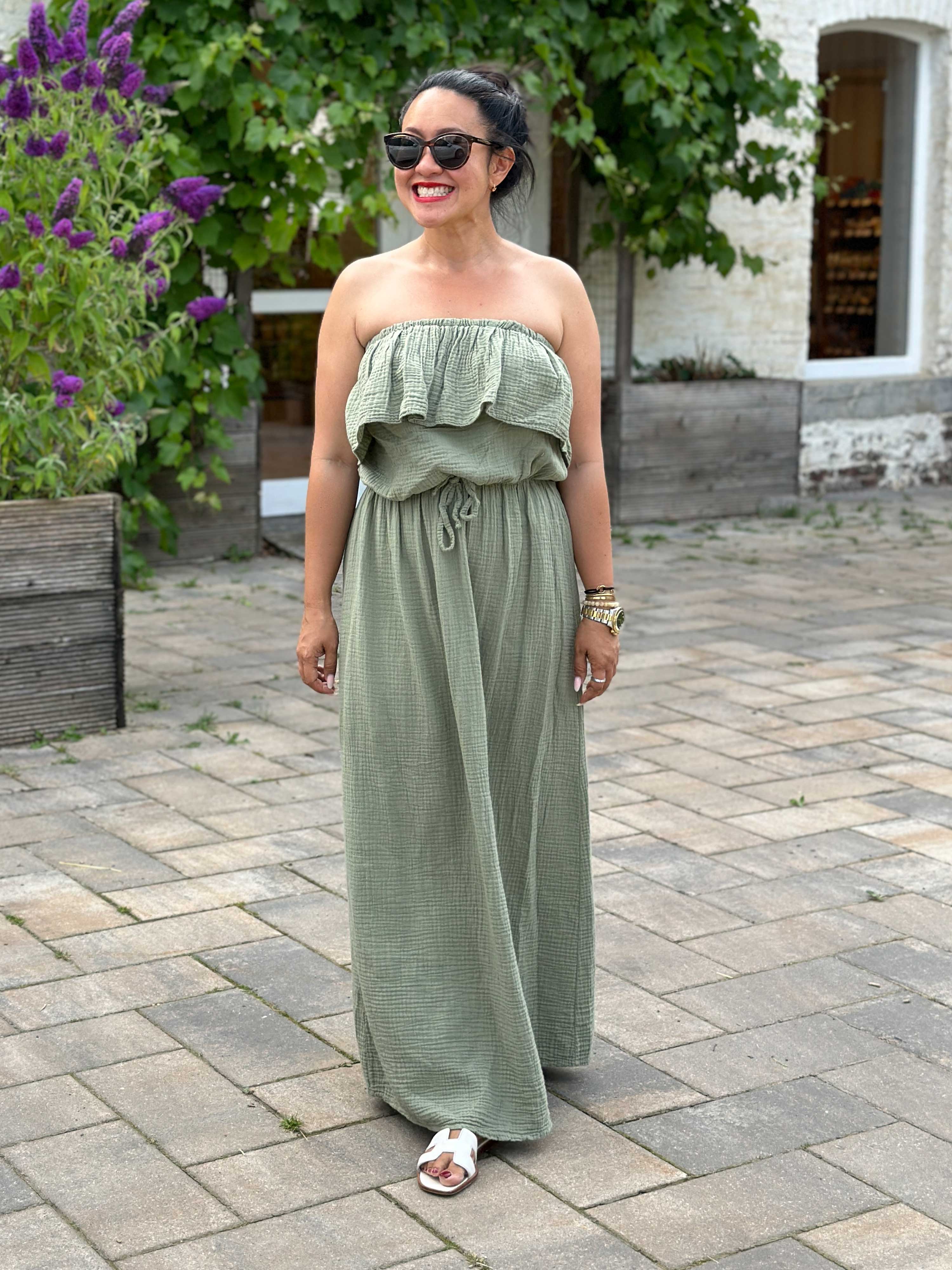 Musselin Kleid Off-Shoulder BALI - Matcha