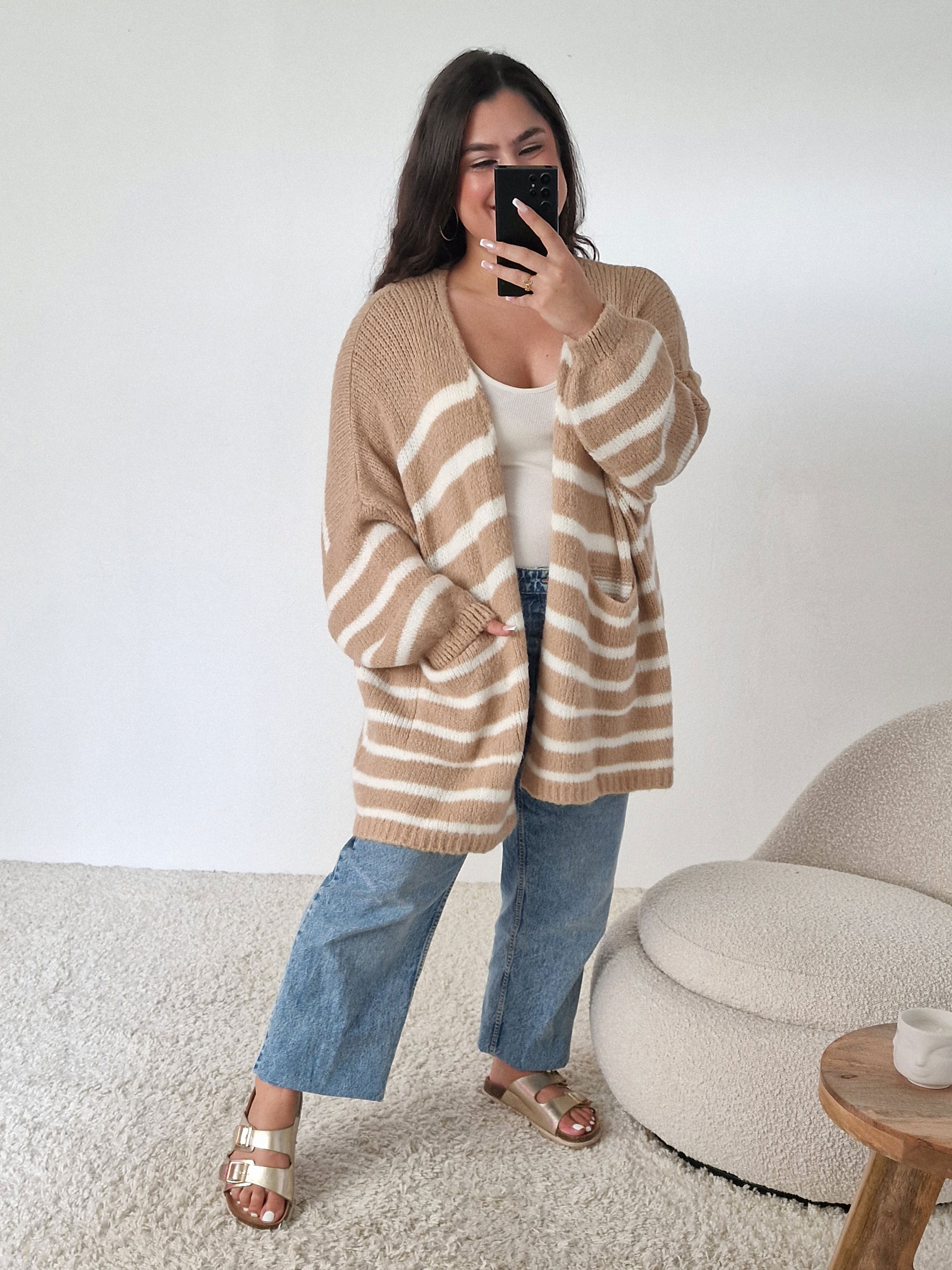 Oversize Cardigen mit Taschen FLAUSCHI - STRIPES - Oatmeal