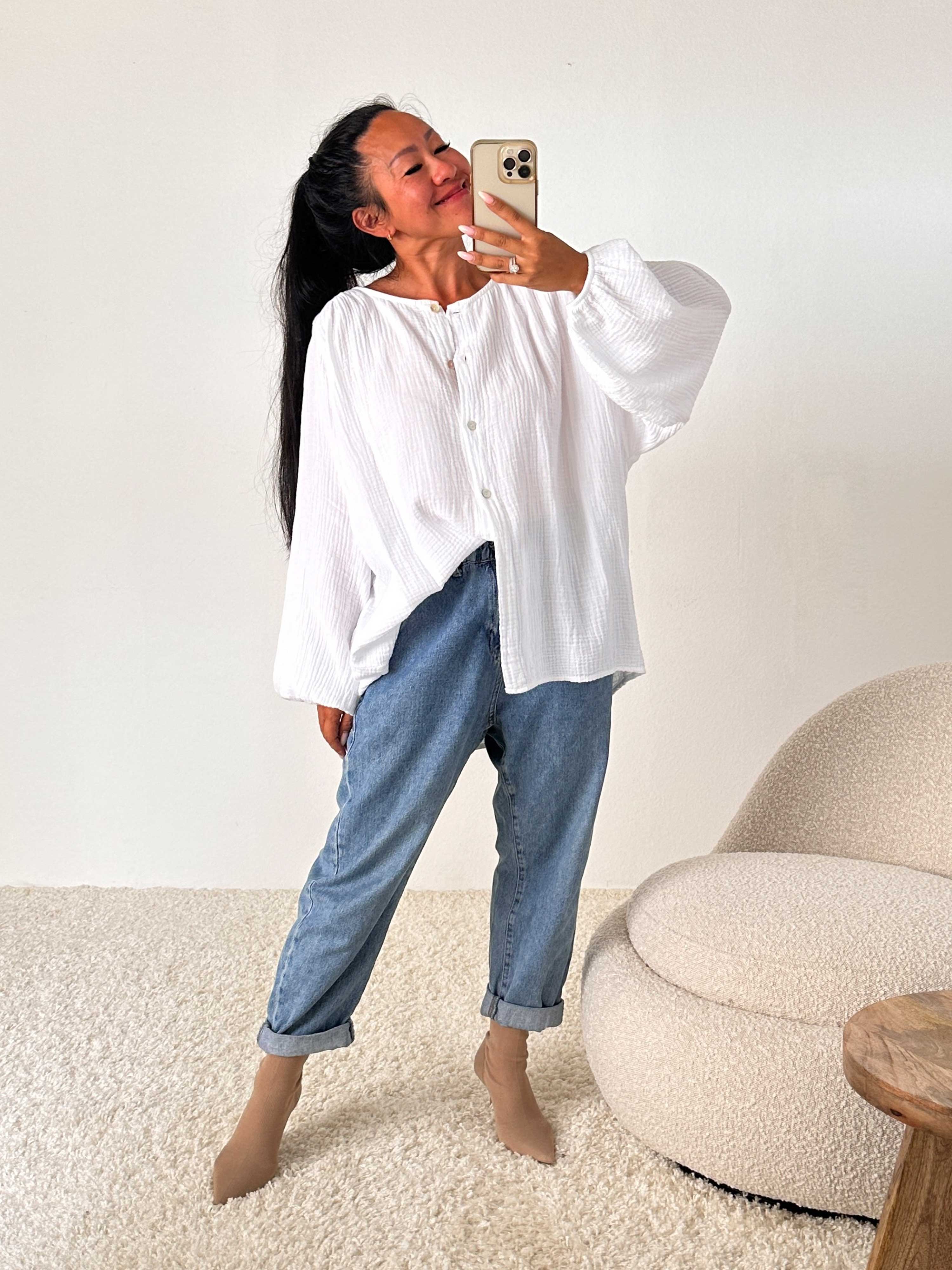 Musselin Oversize Bluse mit Rundhalsausschnitt - Weiss