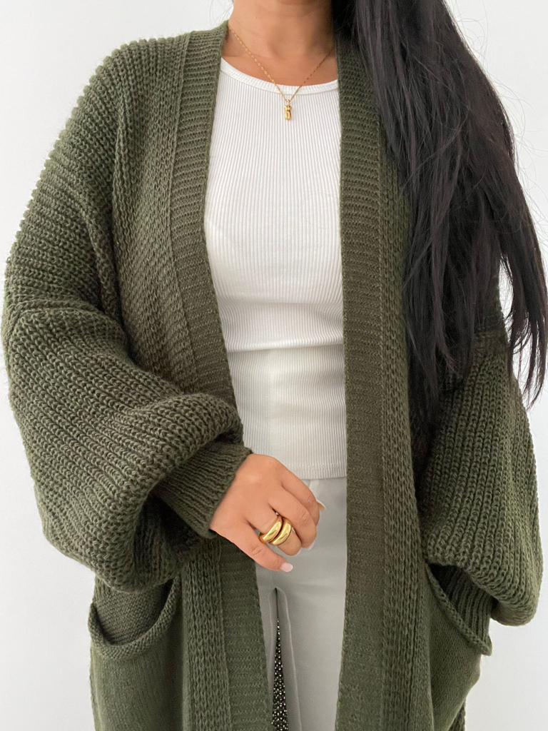 Cozy Long Cardigan mit Taschen  - Olive