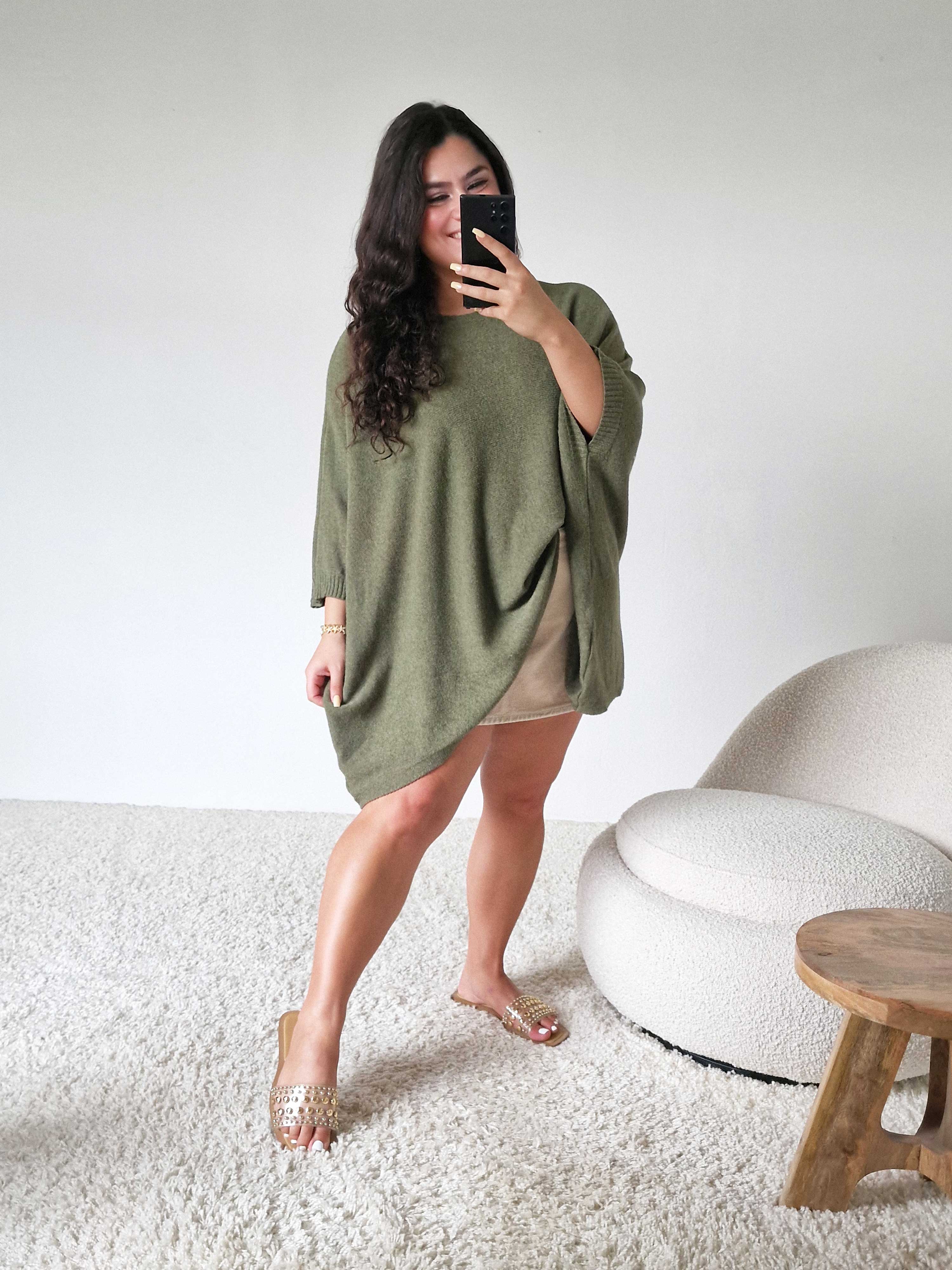 Oversize Viskose Kurzarm Poncho - Salbei