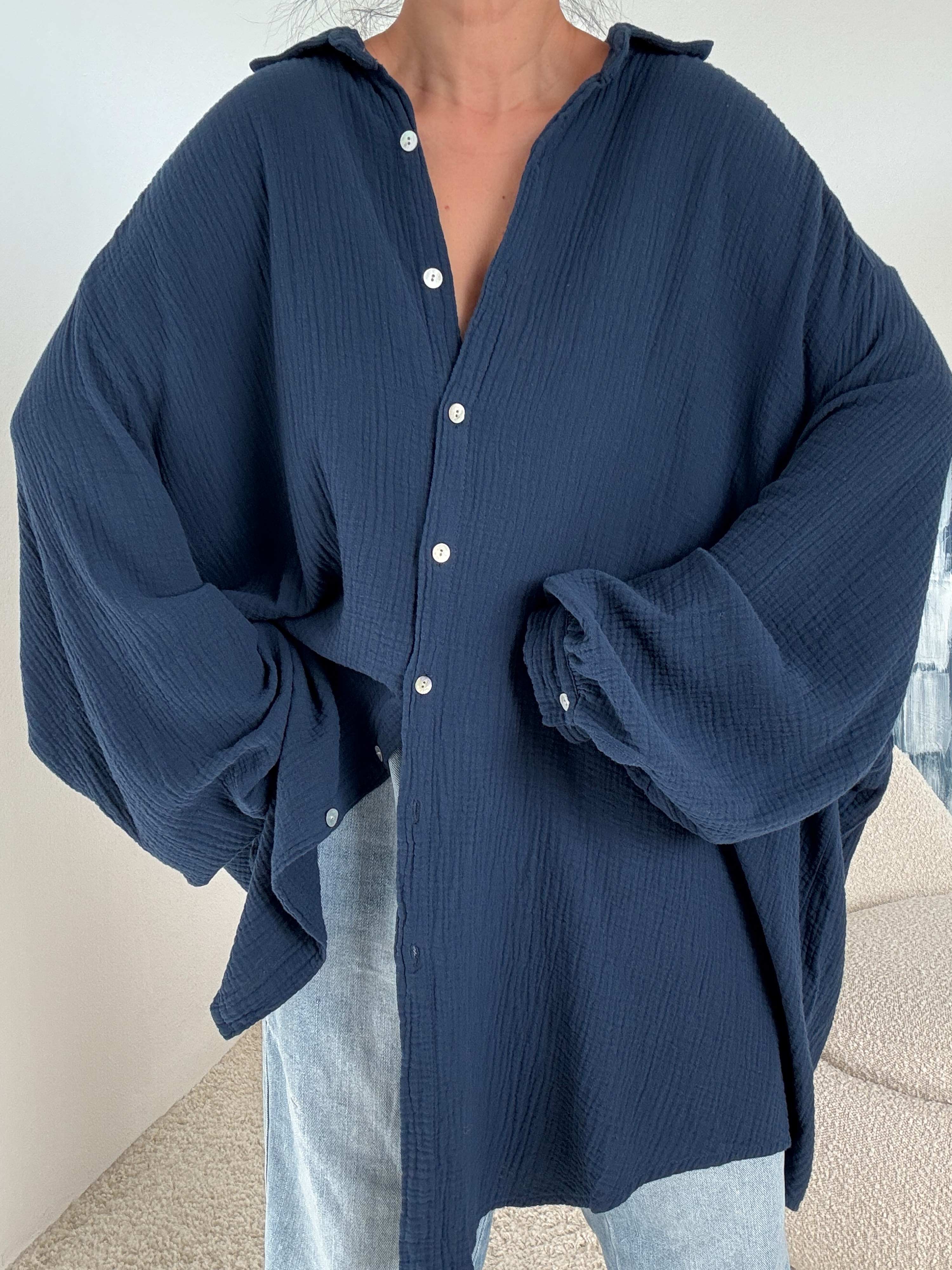 Musselin Long Oversize Bluse - Must Have - Navy