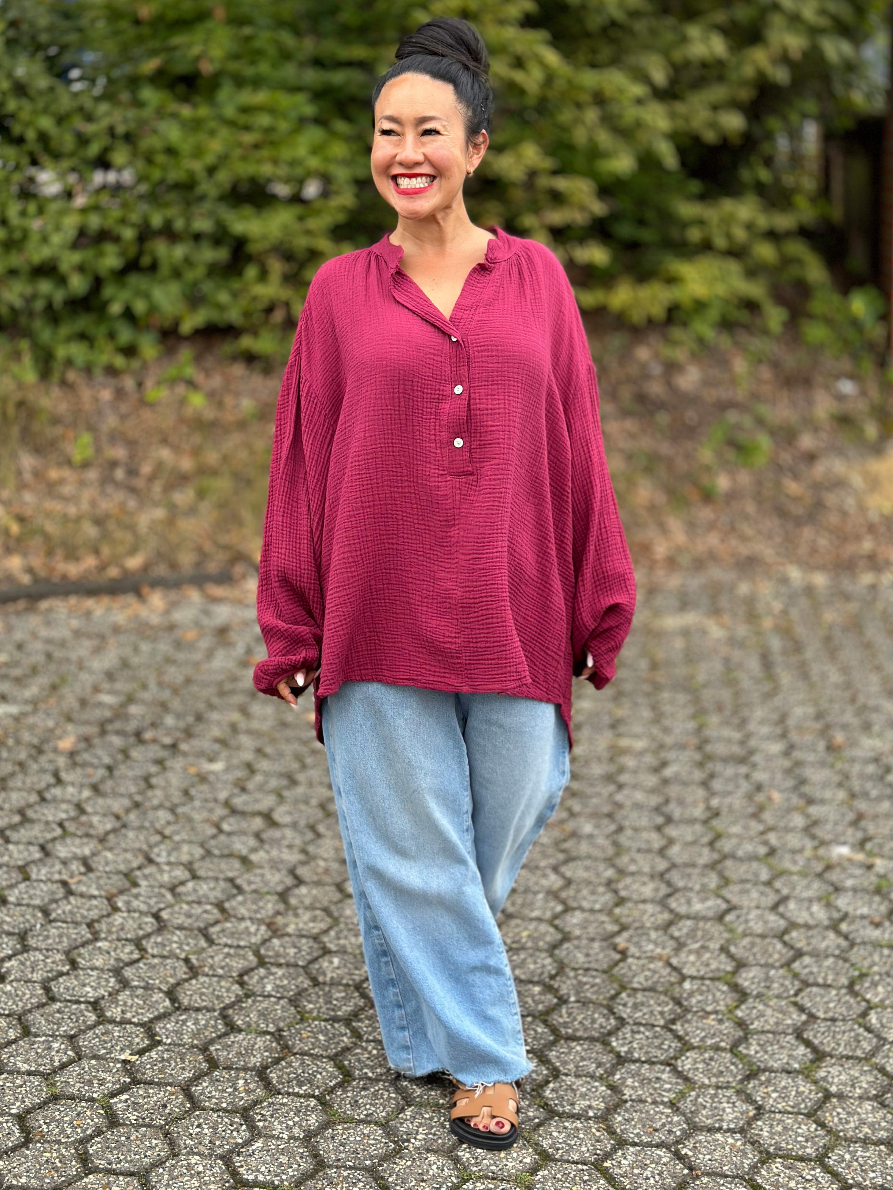 Vokuhila Musselin Oversize Bluse - CELINA - Burgunder