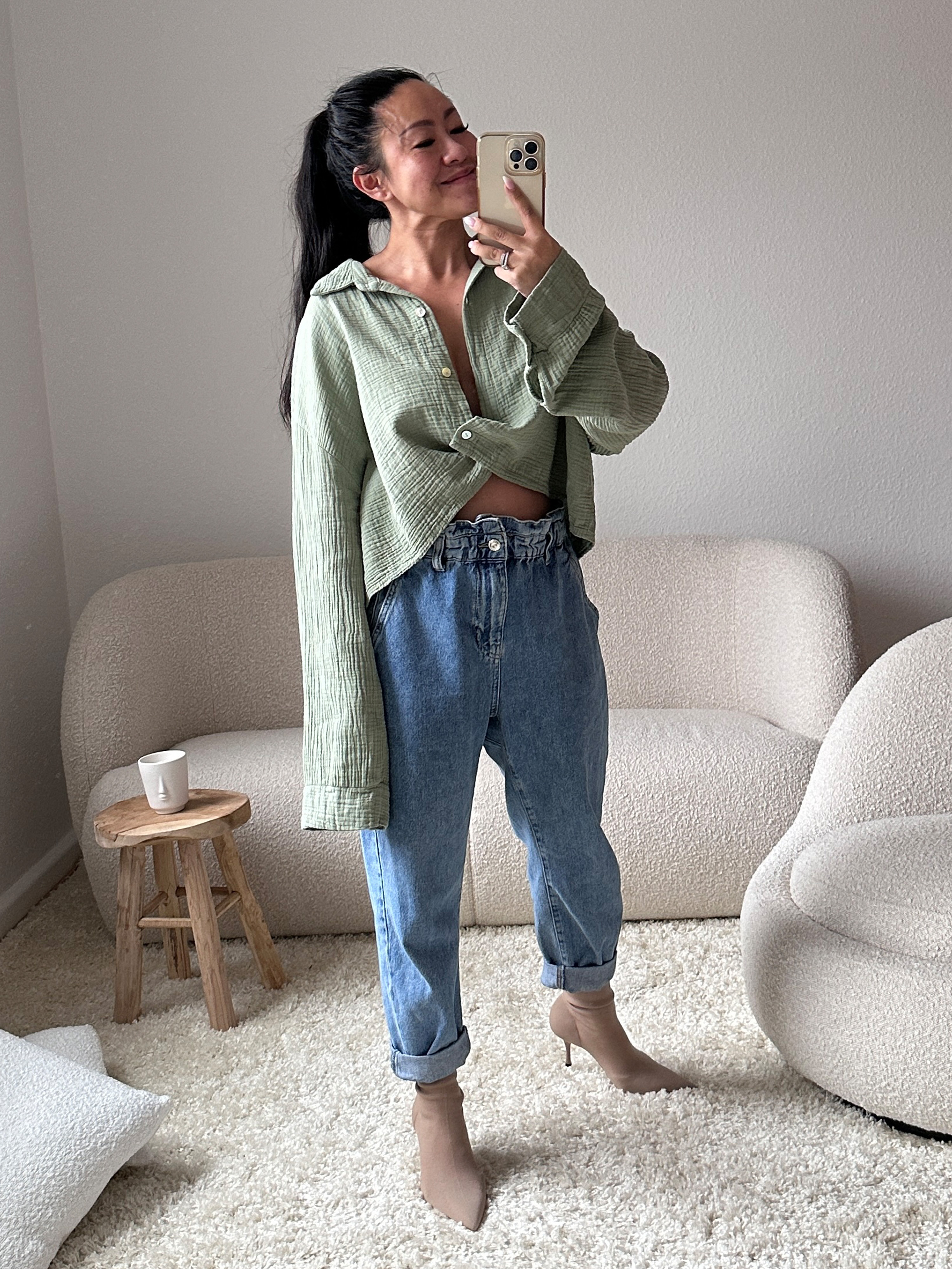 Musselin Cropped Bluse mit Kragen - Matcha